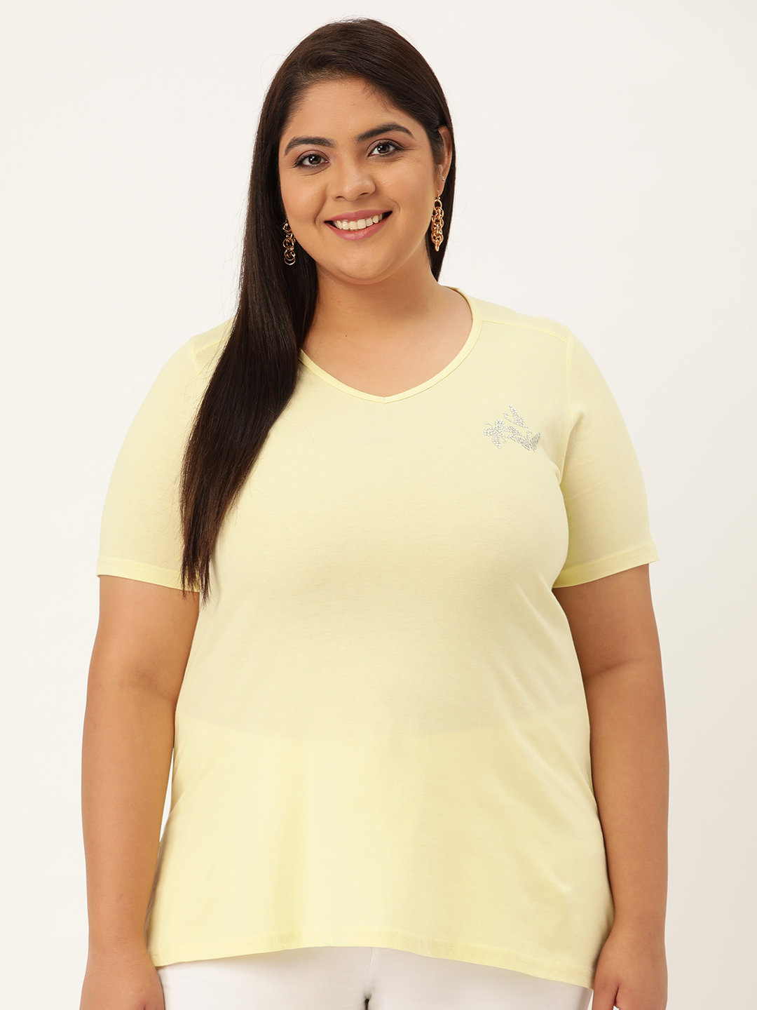 Women's Plus Size Pale Yellow Solid Color Cotton knitted T-shirt with embellished detail