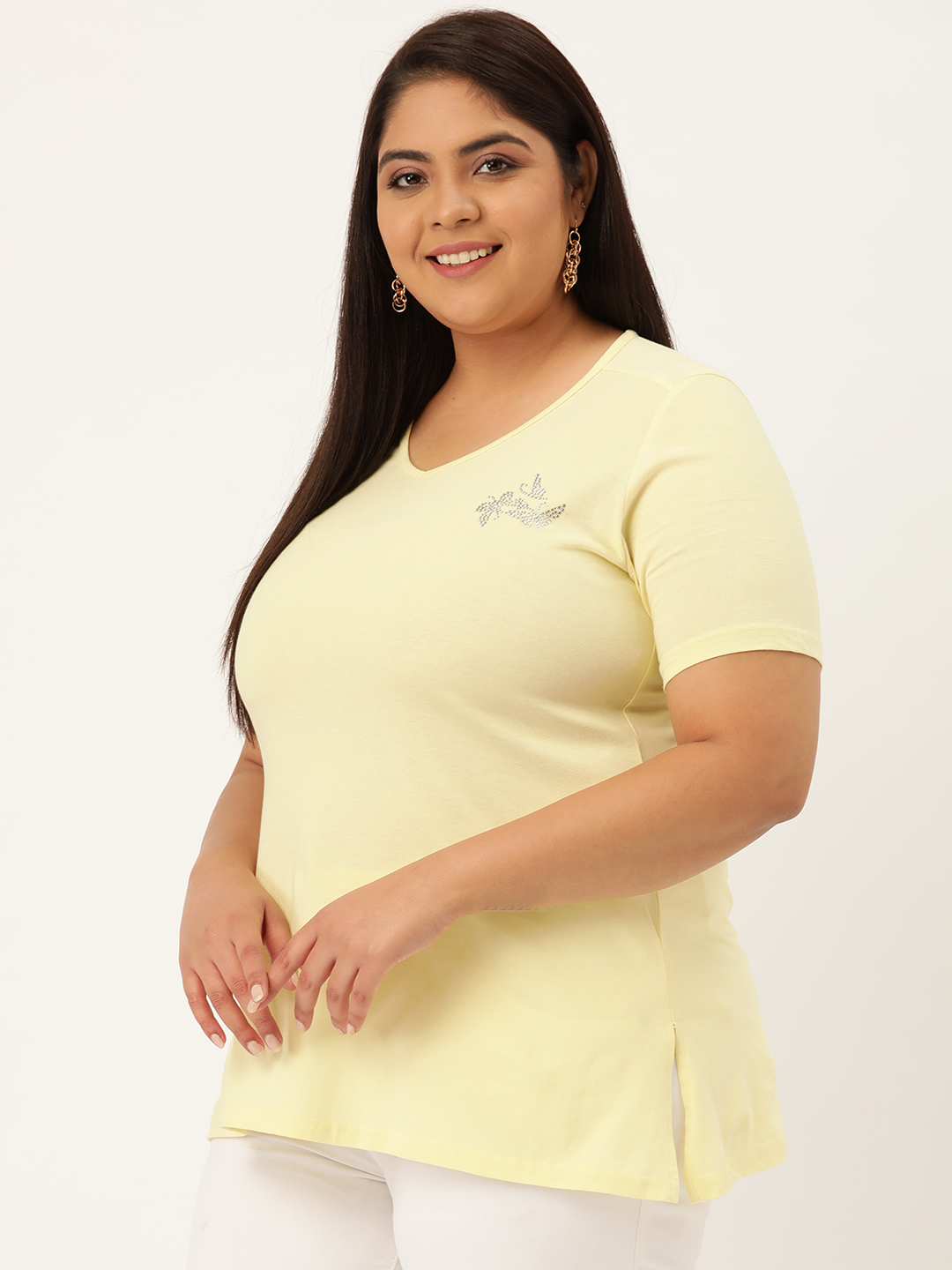 Women's Plus Size Pale Yellow Solid Color Cotton knitted T-shirt with embellished detail