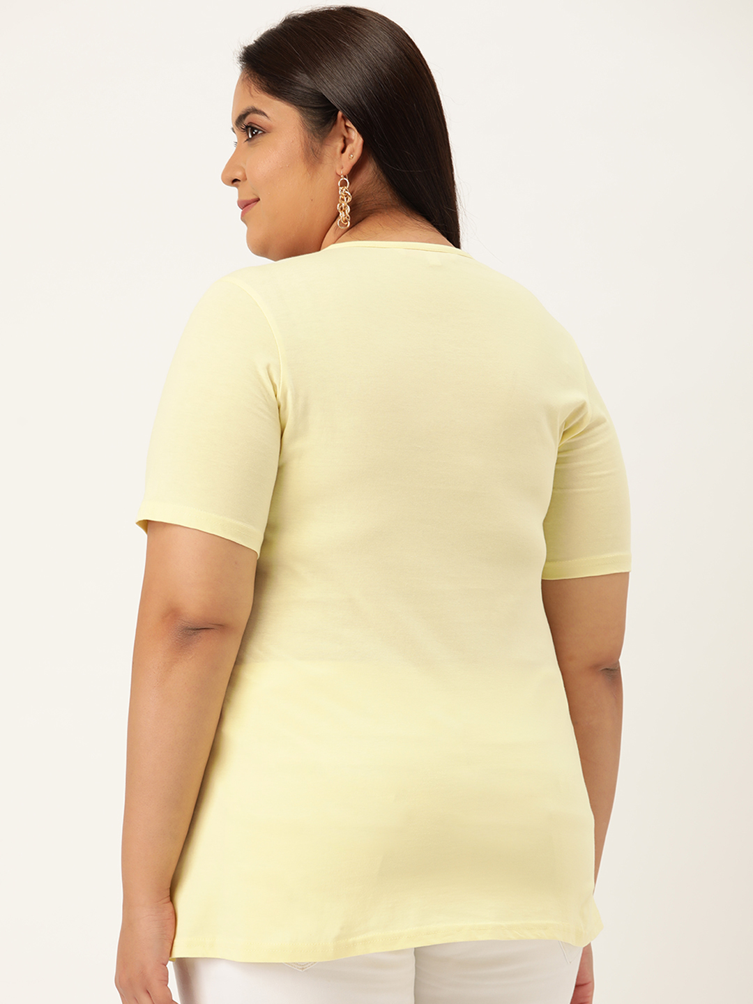 Women's Plus Size Pale Yellow Solid Color Cotton knitted T-shirt with embellished detail