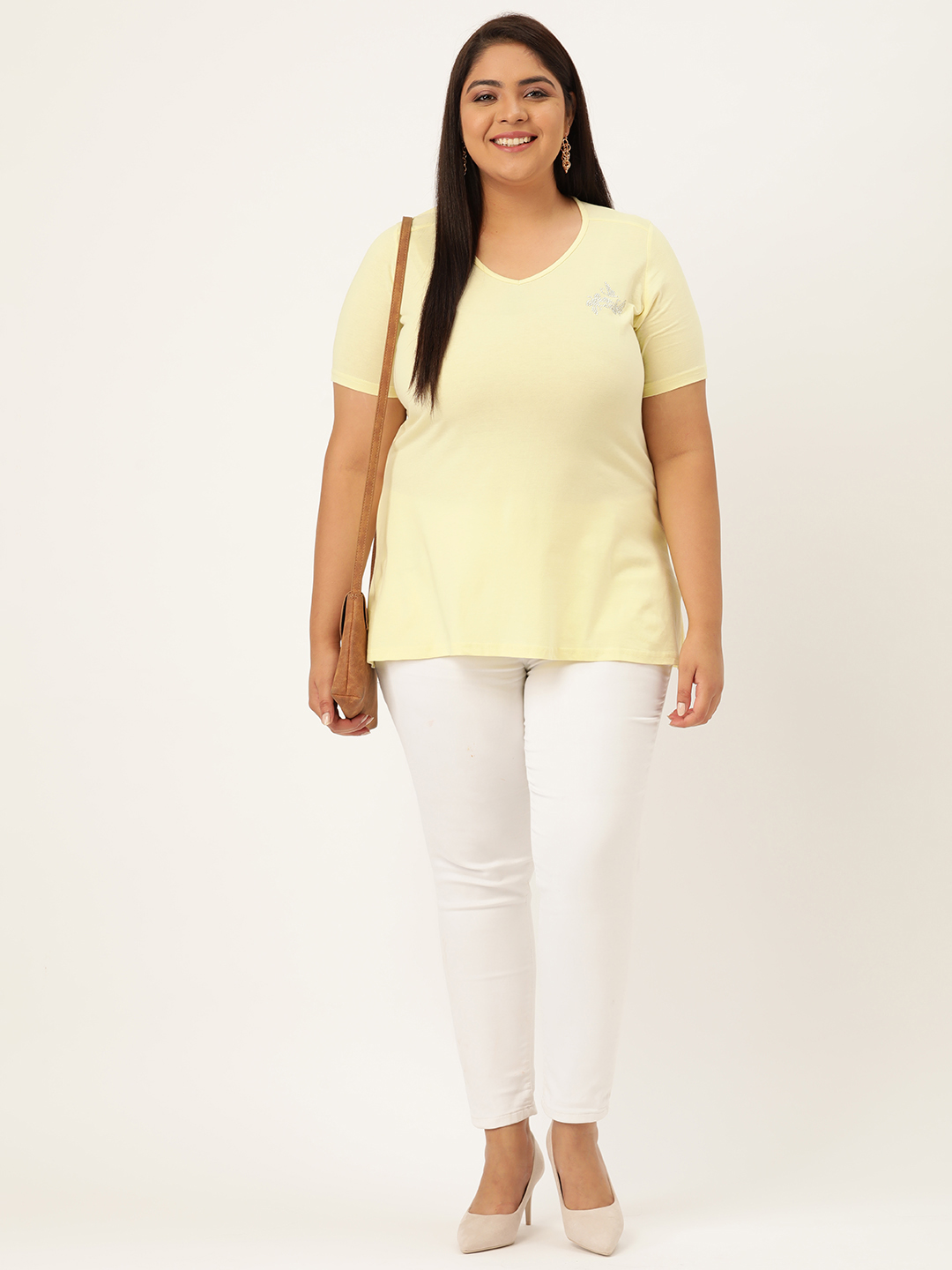 Women's Plus Size Pale Yellow Solid Color Cotton knitted T-shirt with embellished detail