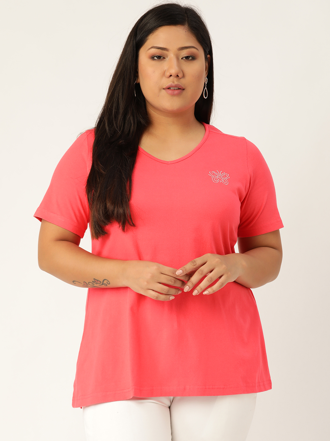Women's Plus Size Peach Solid Color Cotton knitted T-shirt with embellished detail
