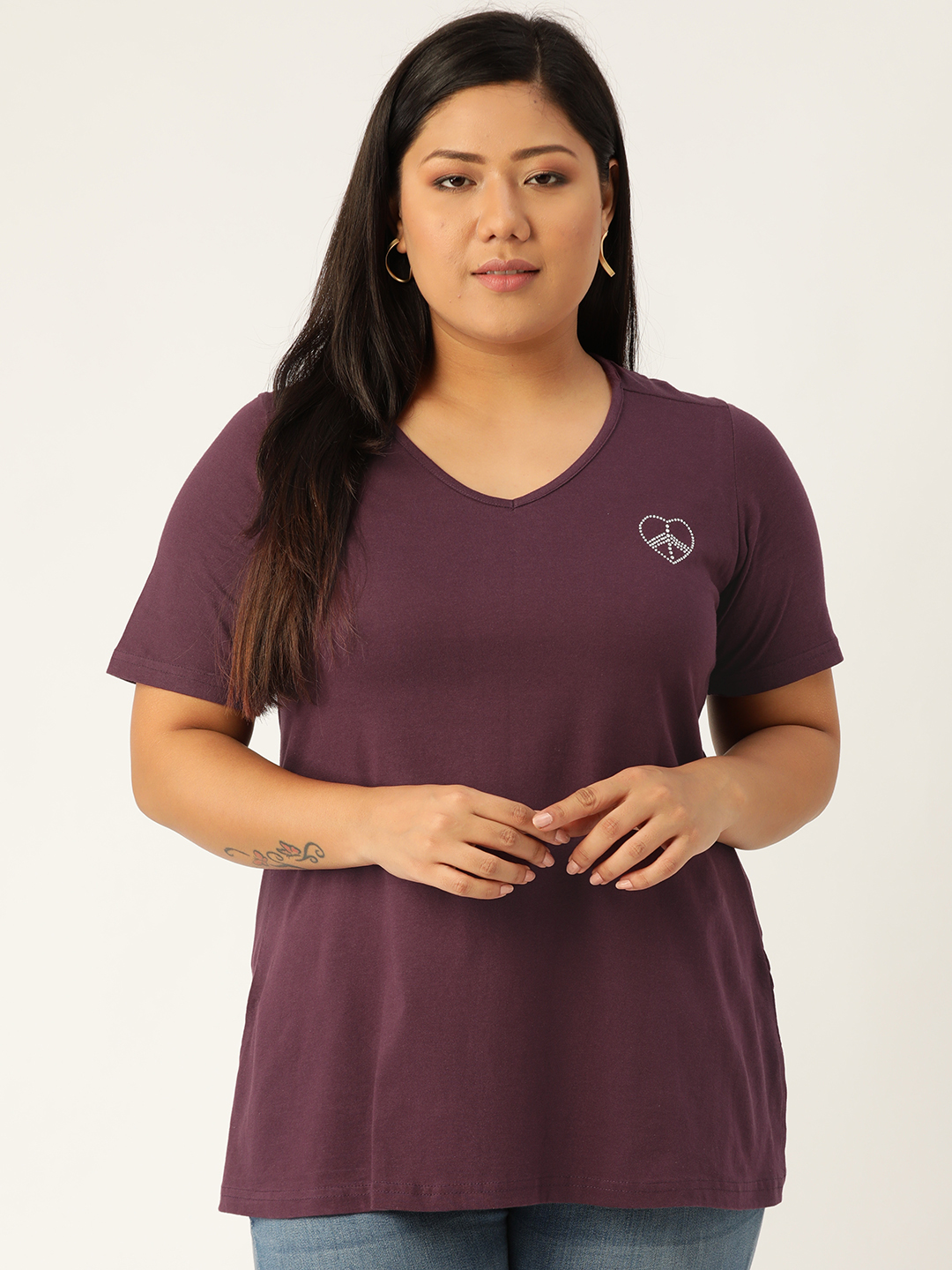 Women's Plus Size Purple Solid Color Cotton knitted T-shirt with embellished detail