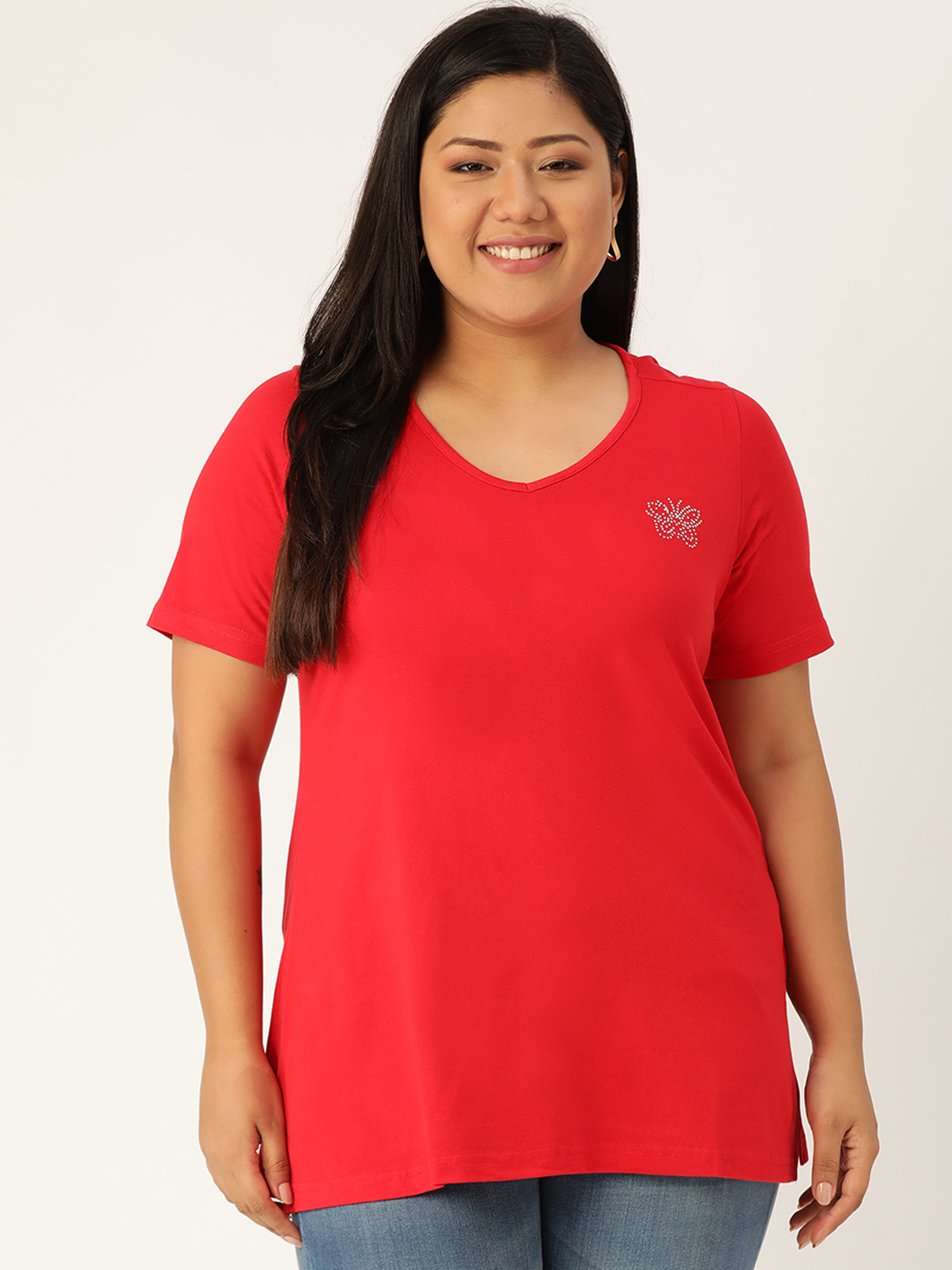 Women's Plus Size Red Solid Color Cotton knitted T-shirt with embellished detail