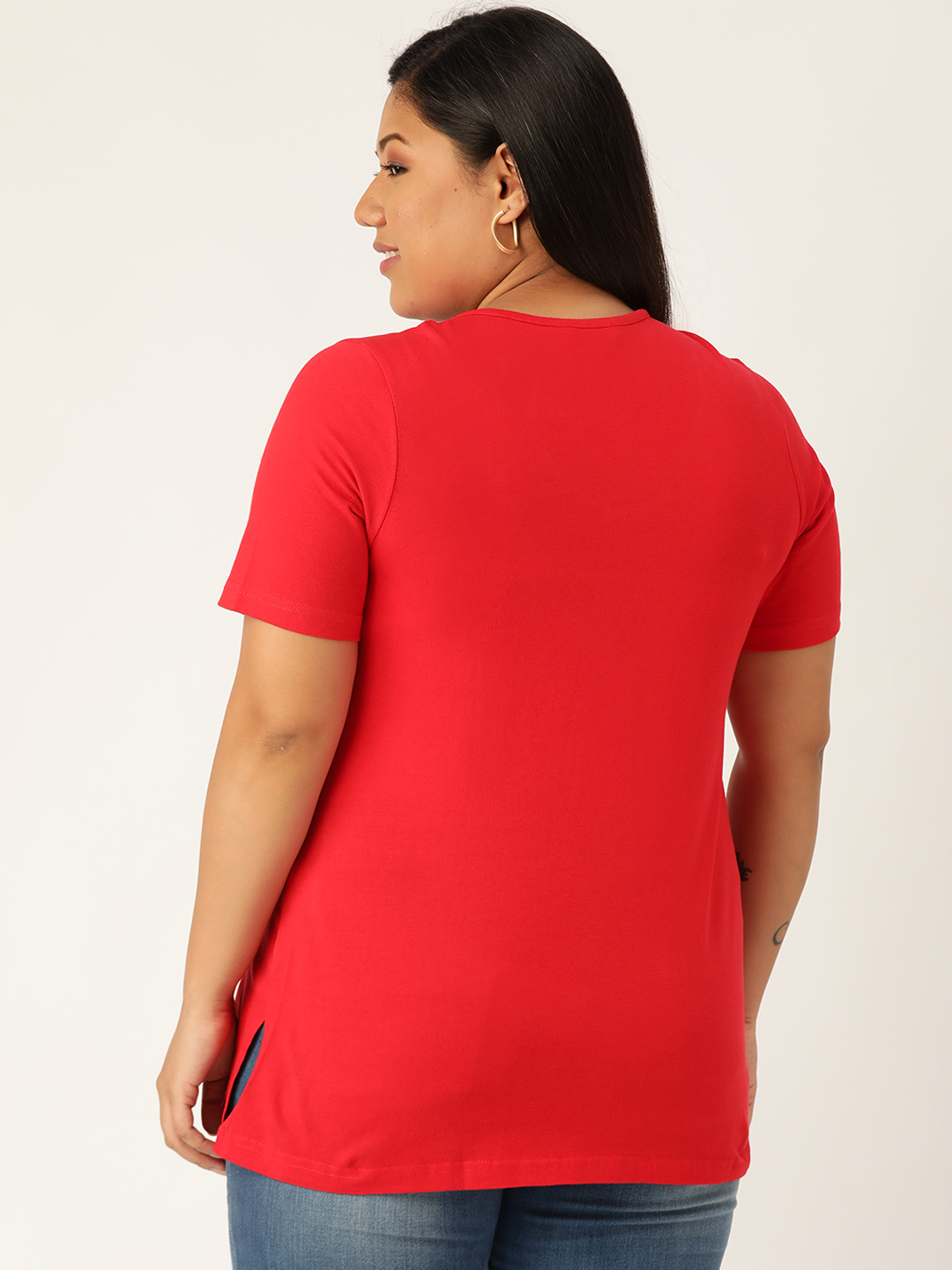Women's Plus Size Red Solid Color Cotton knitted T-shirt with embellished detail