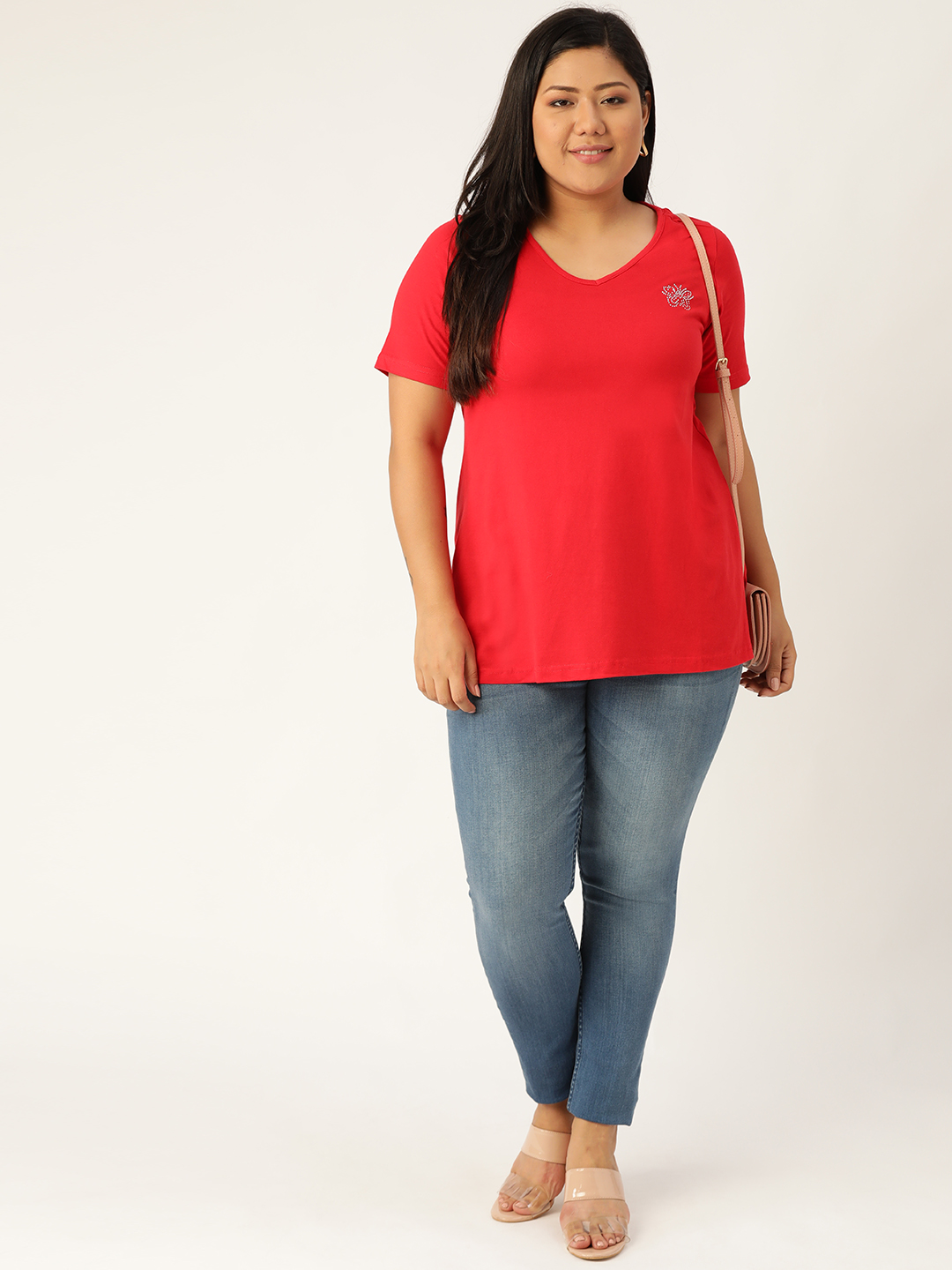 Women's Plus Size Red Solid Color Cotton knitted T-shirt with embellished detail