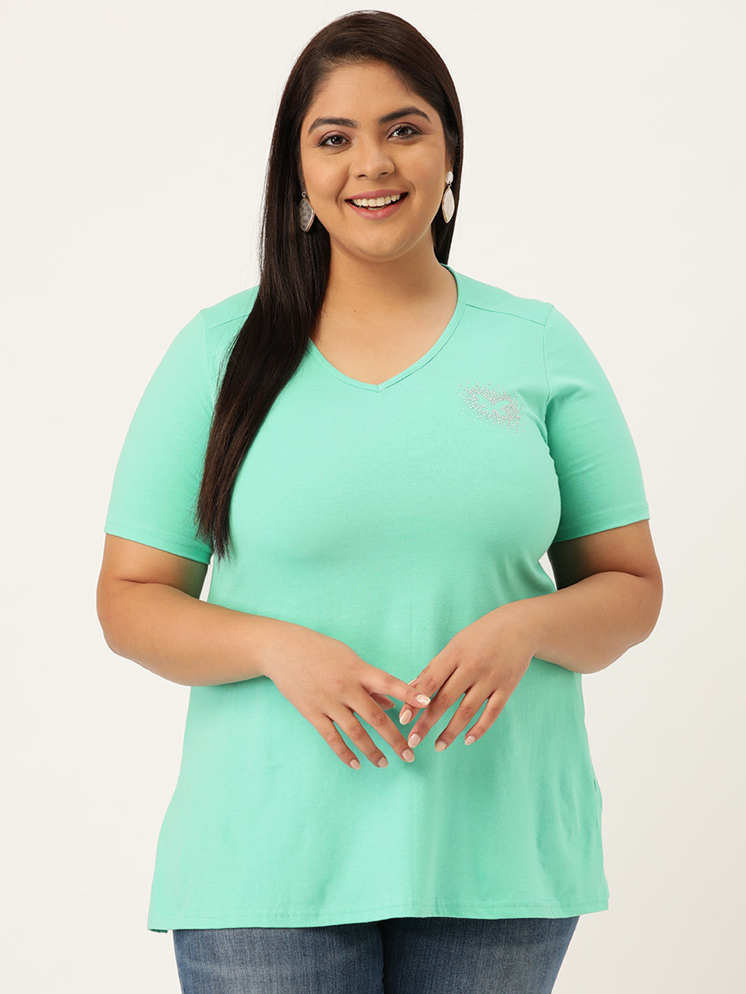 Women's Plus Size Sea Green Solid Color Cotton knitted T-shirt with embellished detail