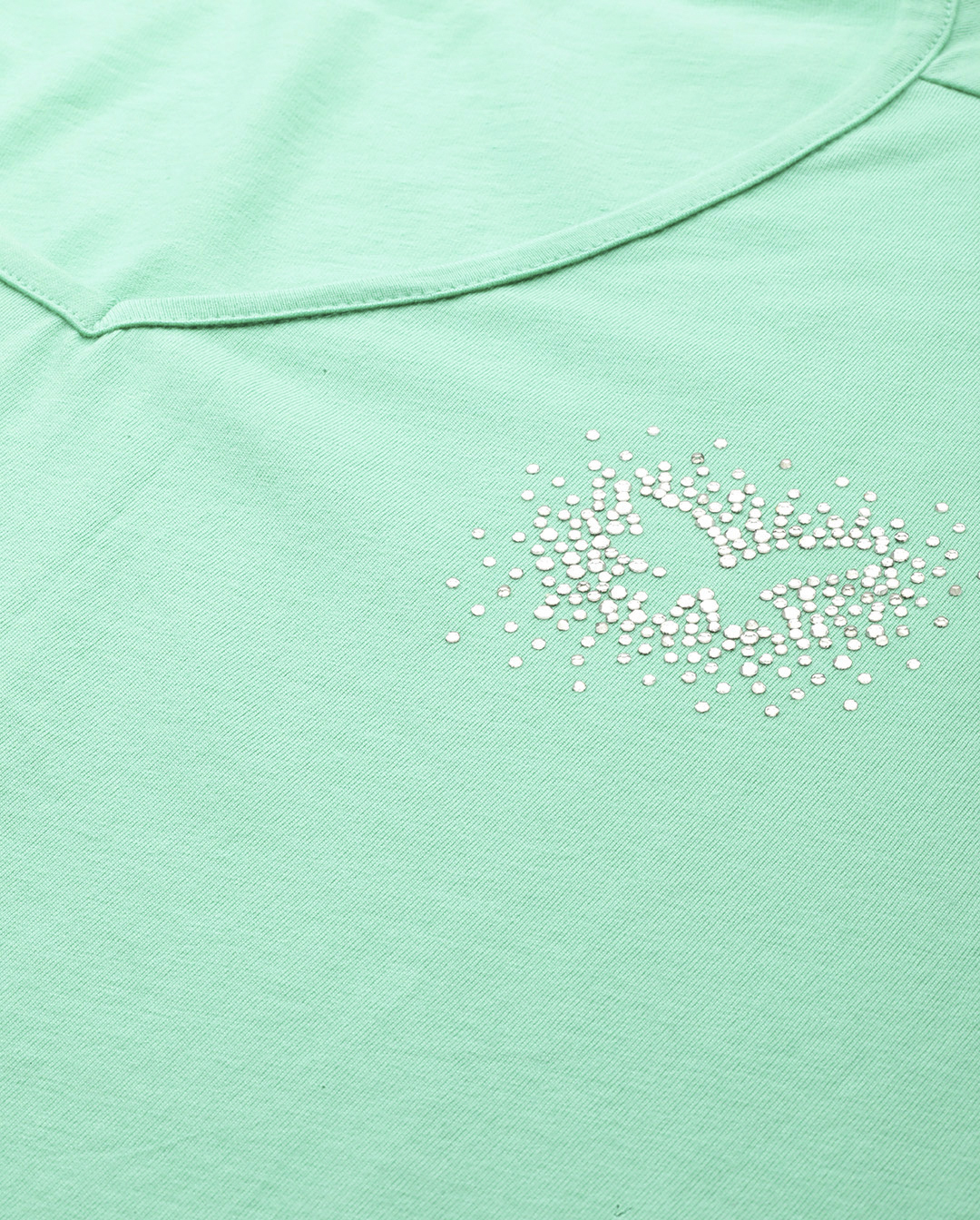 Women's Plus Size Sea Green Solid Color Cotton knitted T-shirt with embellished detail
