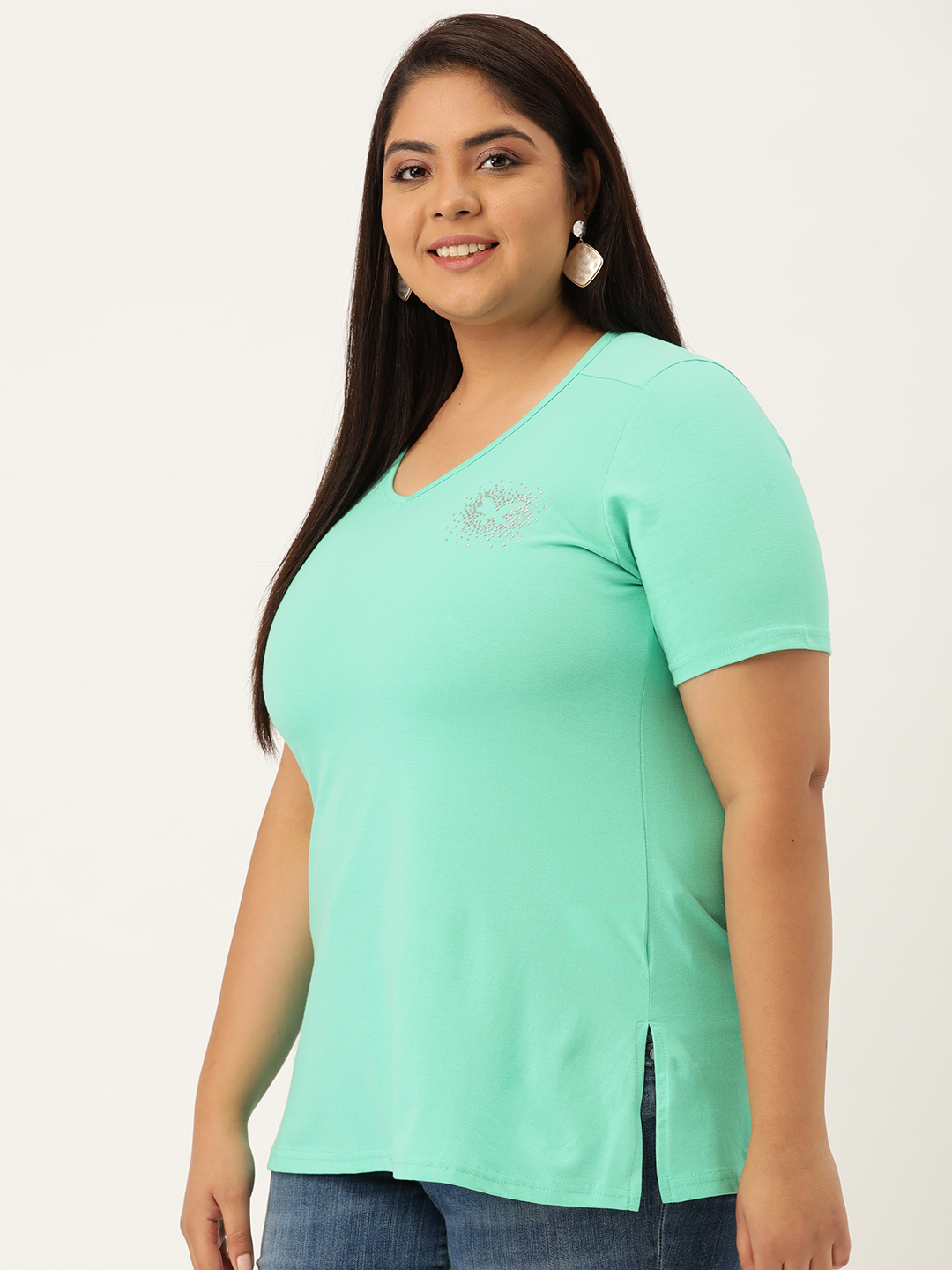 Women's Plus Size Sea Green Solid Color Cotton knitted T-shirt with embellished detail