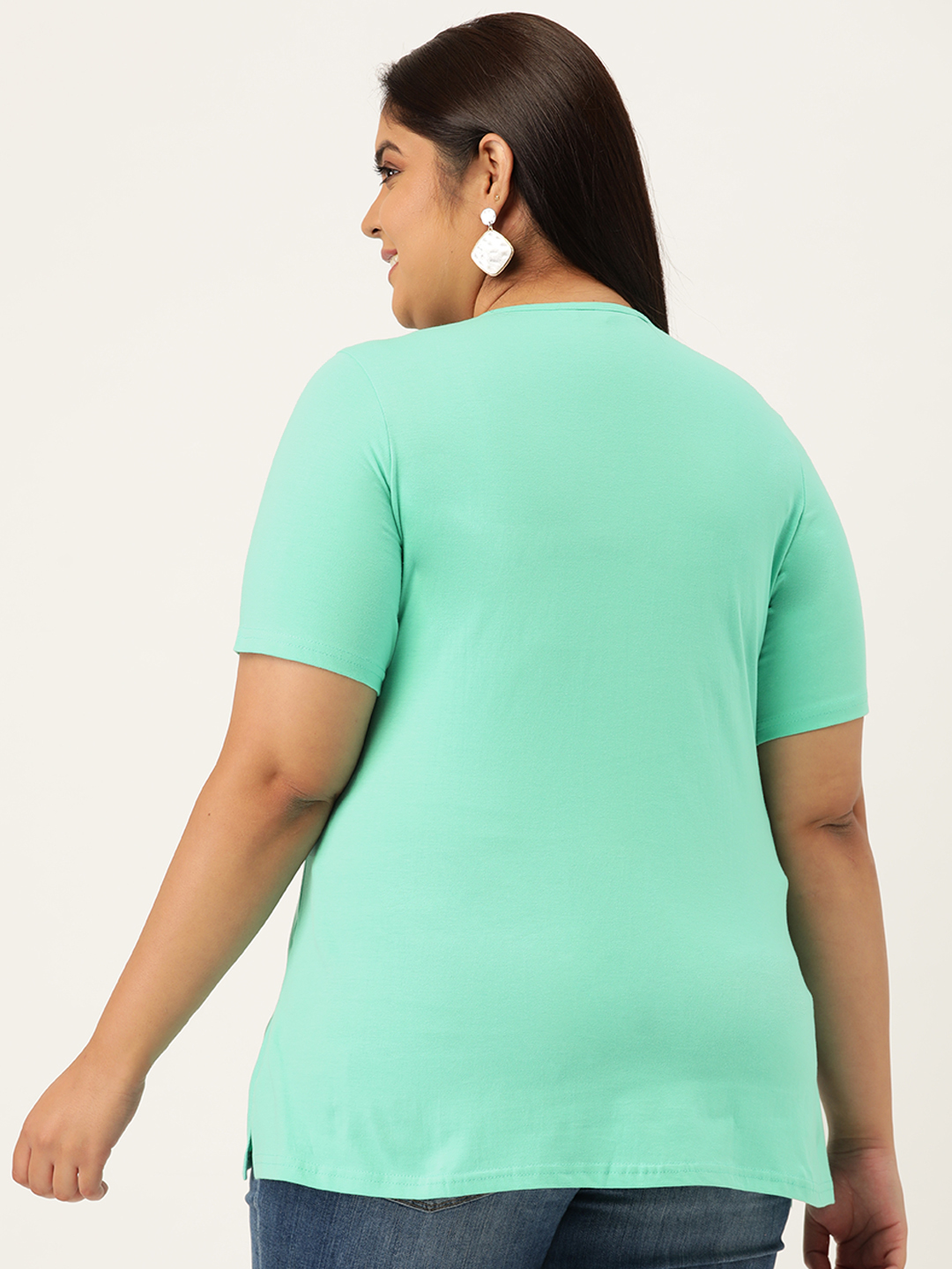 Women's Plus Size Sea Green Solid Color Cotton knitted T-shirt with embellished detail
