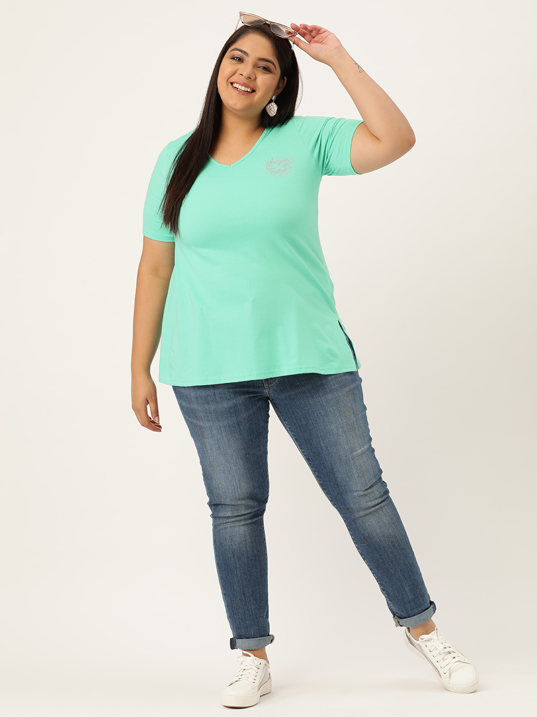 Women's Plus Size Sea Green Solid Color Cotton knitted T-shirt with embellished detail