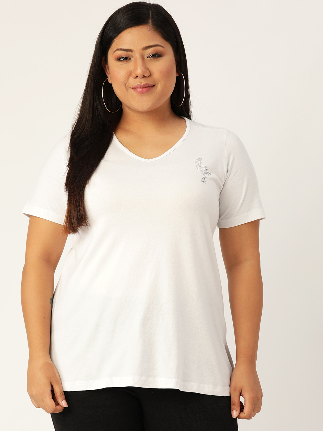 Women's Plus Size White Solid Color Cotton knitted T-shirt with embellished detail