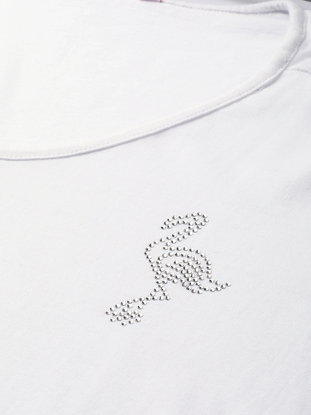 Women's Plus Size White Solid Color Cotton knitted T-shirt with embellished detail