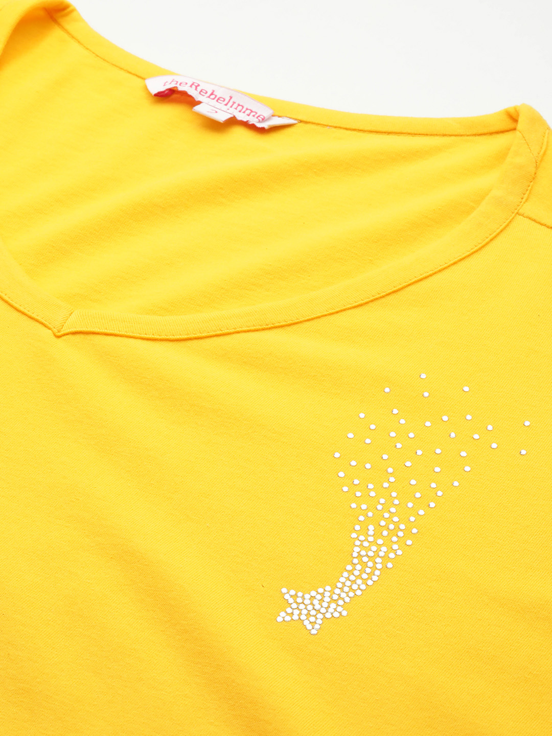 Women's Plus Size Yellow Solid Color Cotton knitted T-shirt with embellished detail