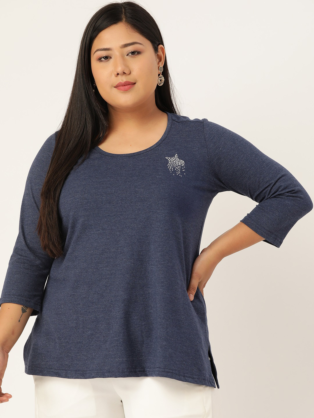Women's Plus Size Melange Blue Solid Color Cotton knitted T-shirt with embellished detail