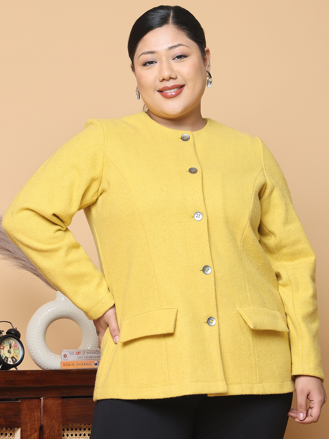 Women's Plus Size Mustard Solid Color Felt winter Jacket, has a round neck, front open button closures, long sleeves, two front flap pockets and straight hem.