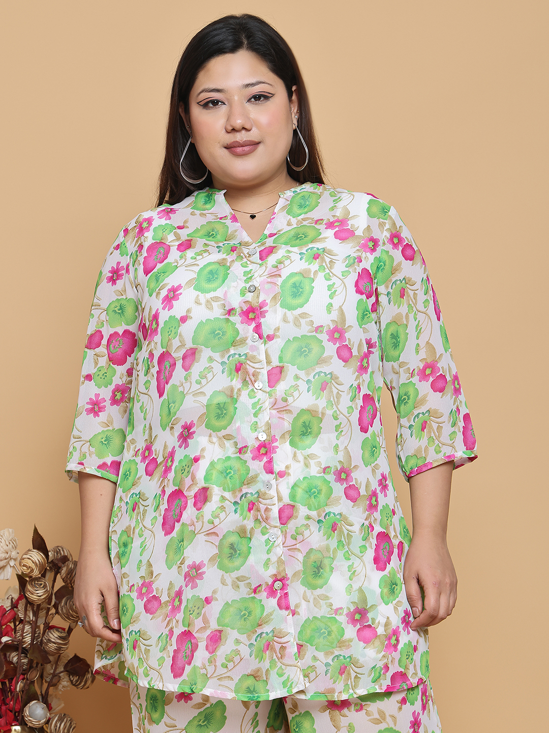 Women's Plus Size Bright Green floral printed casual georgette shirt