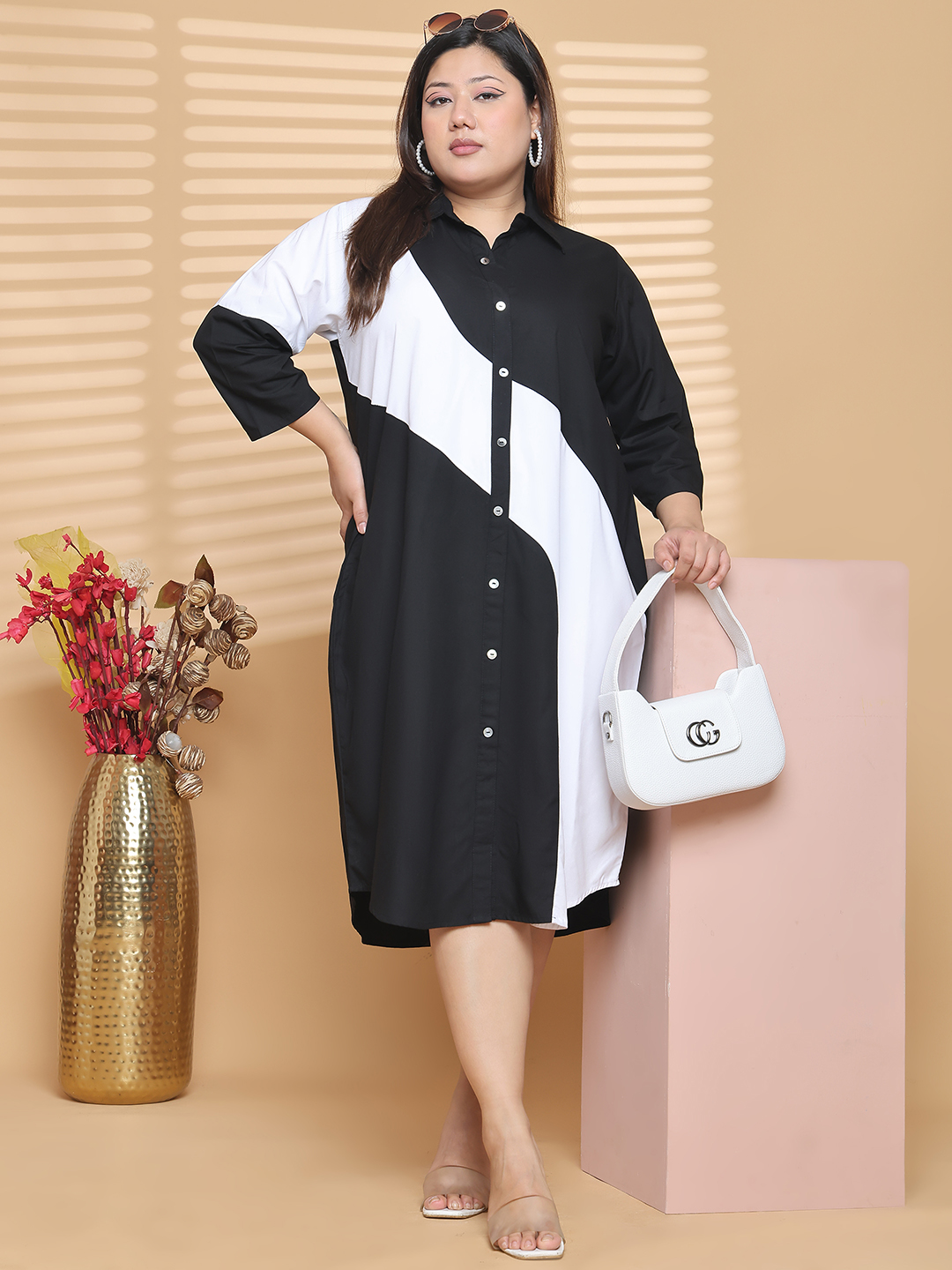 Women's Plus Size Black & White Color Block Shirt Dress