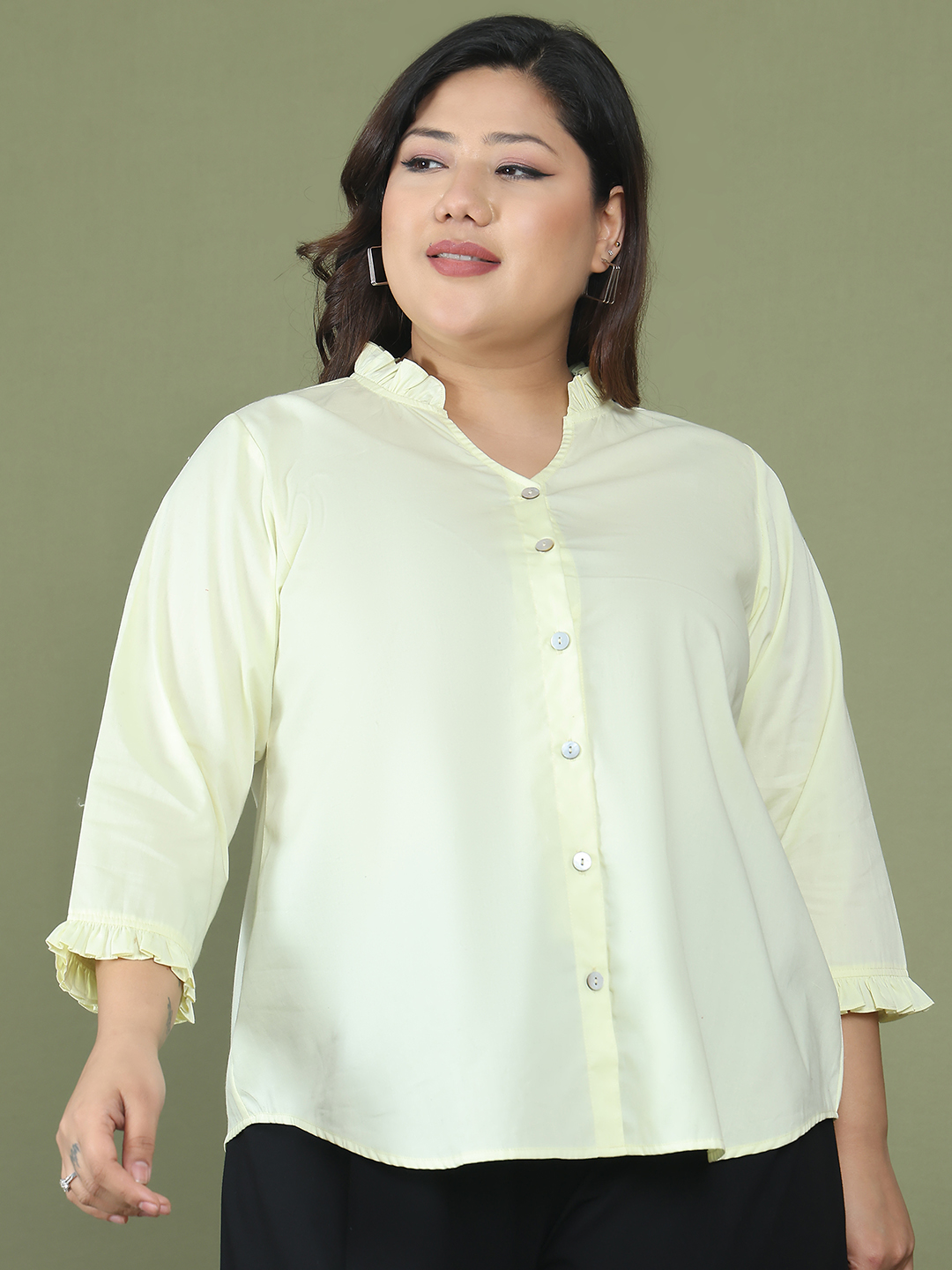 Women's Plus Size Lime Solid Color Cotton Woven Top