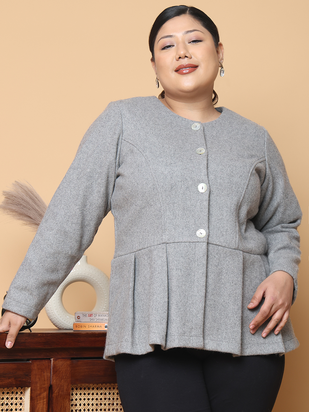 Women's Plus Size Grey Solid Color Felt winter Peplum Jacket, has a round neck, front open button closures, long sleeves, pleated detail and straight hem.