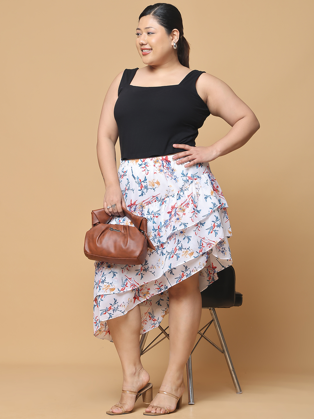 Women's Plus Size White Floral Printed A-Line Georgette Skirt with attached lining