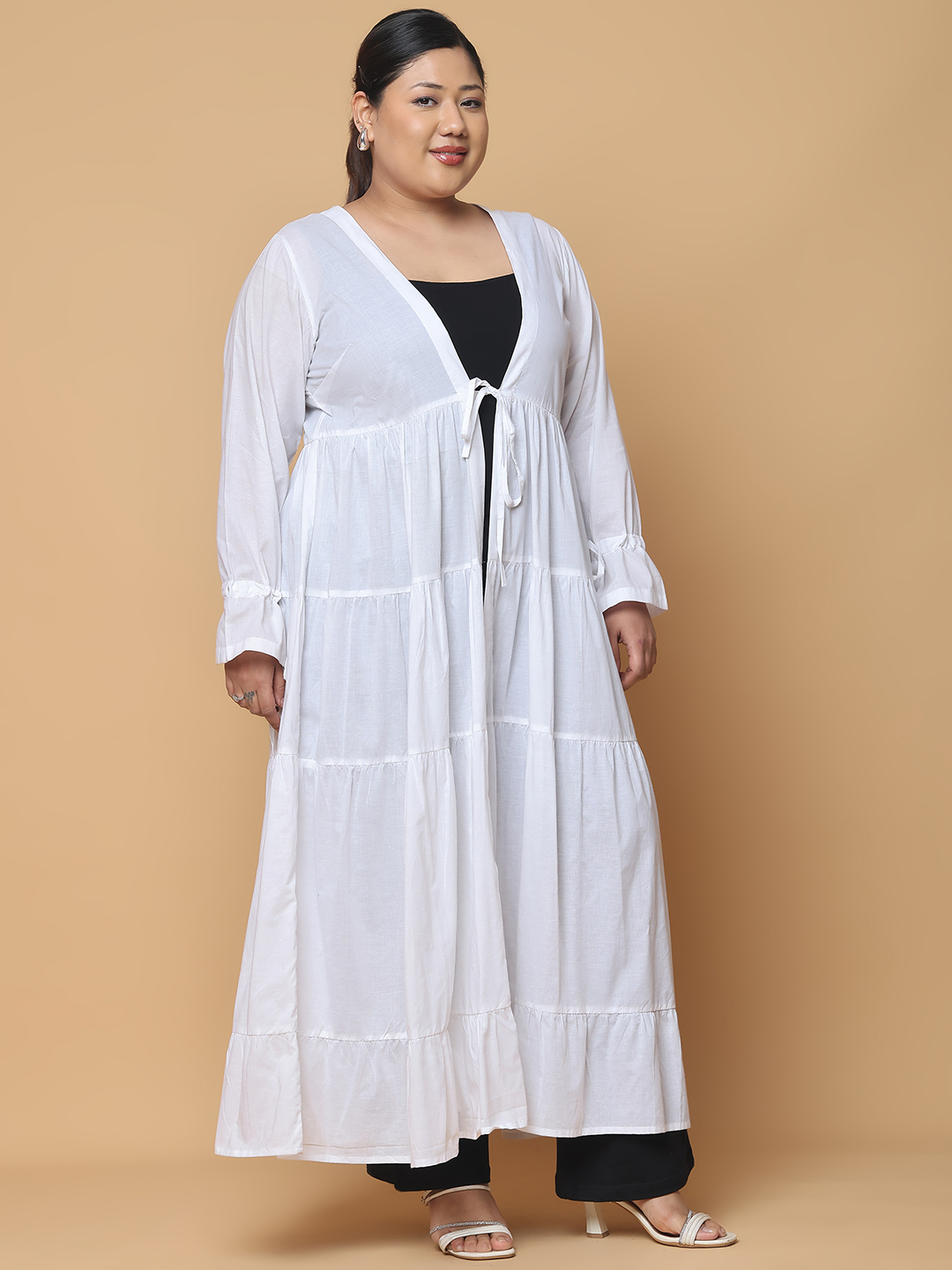 Women's Plus Size White Solid Color Longline Cotton Shrug