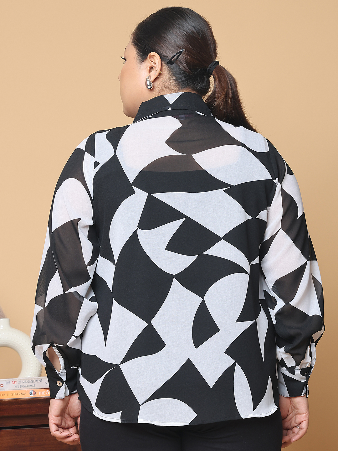 Women's Plus Size Black & white floral printed Georgette Shirt