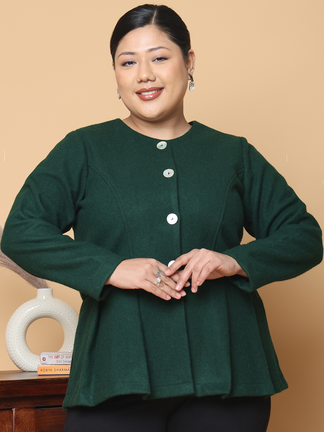 Women's Plus Size Bright Green Solid Color Felt winter Peplum Jacket, has a round neck, front open button closures, long sleeves, pleated detail and straight hem.