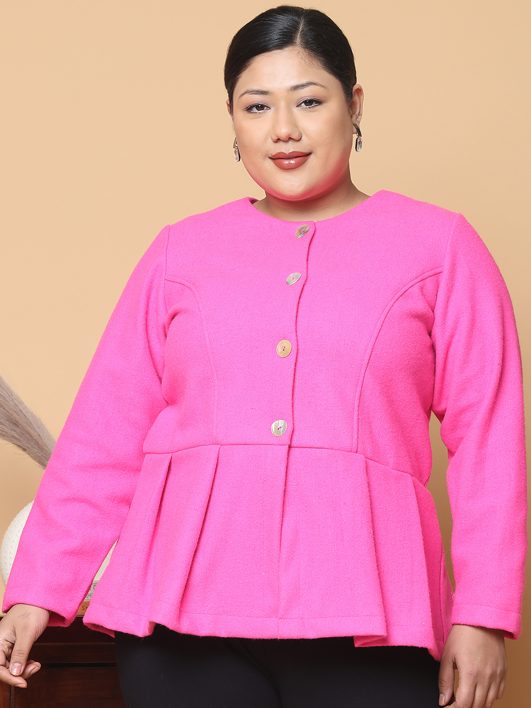 Women's Plus Size Dark Pink Solid Color Felt winter Peplum Jacket, has a round neck, front open button closures, long sleeves, pleated detail and straight hem.