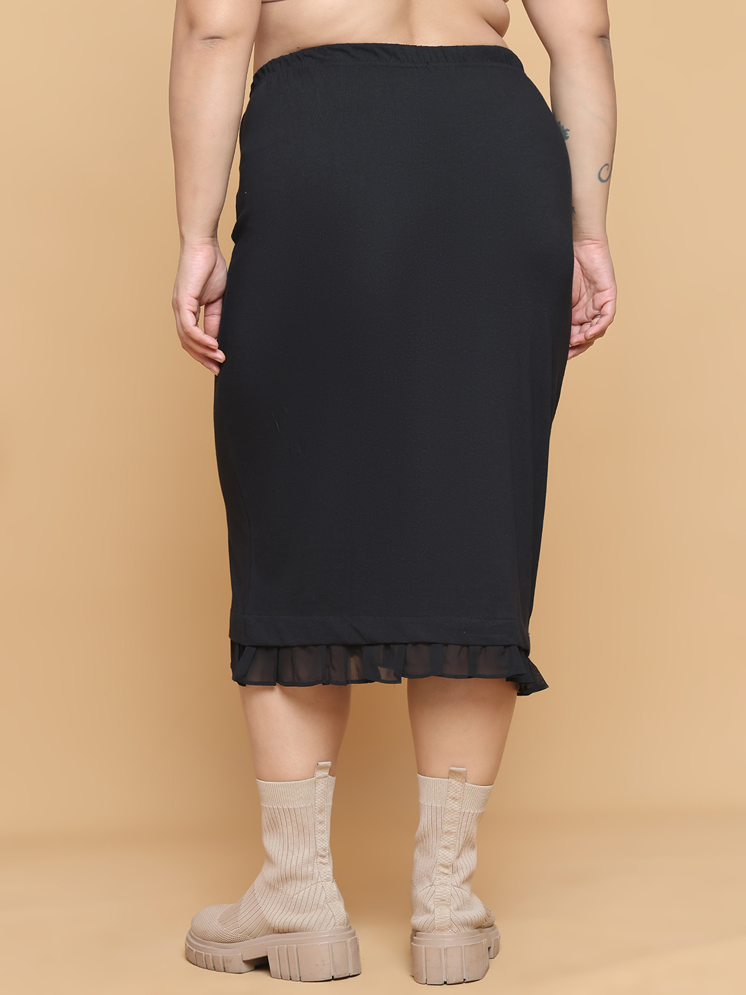 Women's Plus Size Black solid color cotton knitted Skirt with attached georgette frill at bottom hem