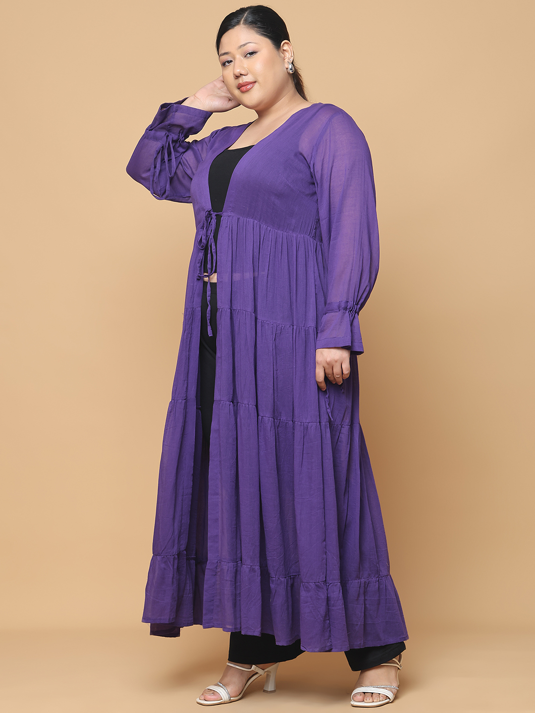 Women's Plus Size Purple Solid Color Longline Cotton Shrug