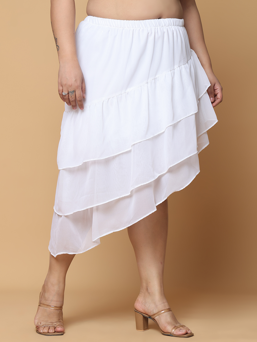 Women's Plus Size White Solid Color A-Line Georgette Skirt with attached lining