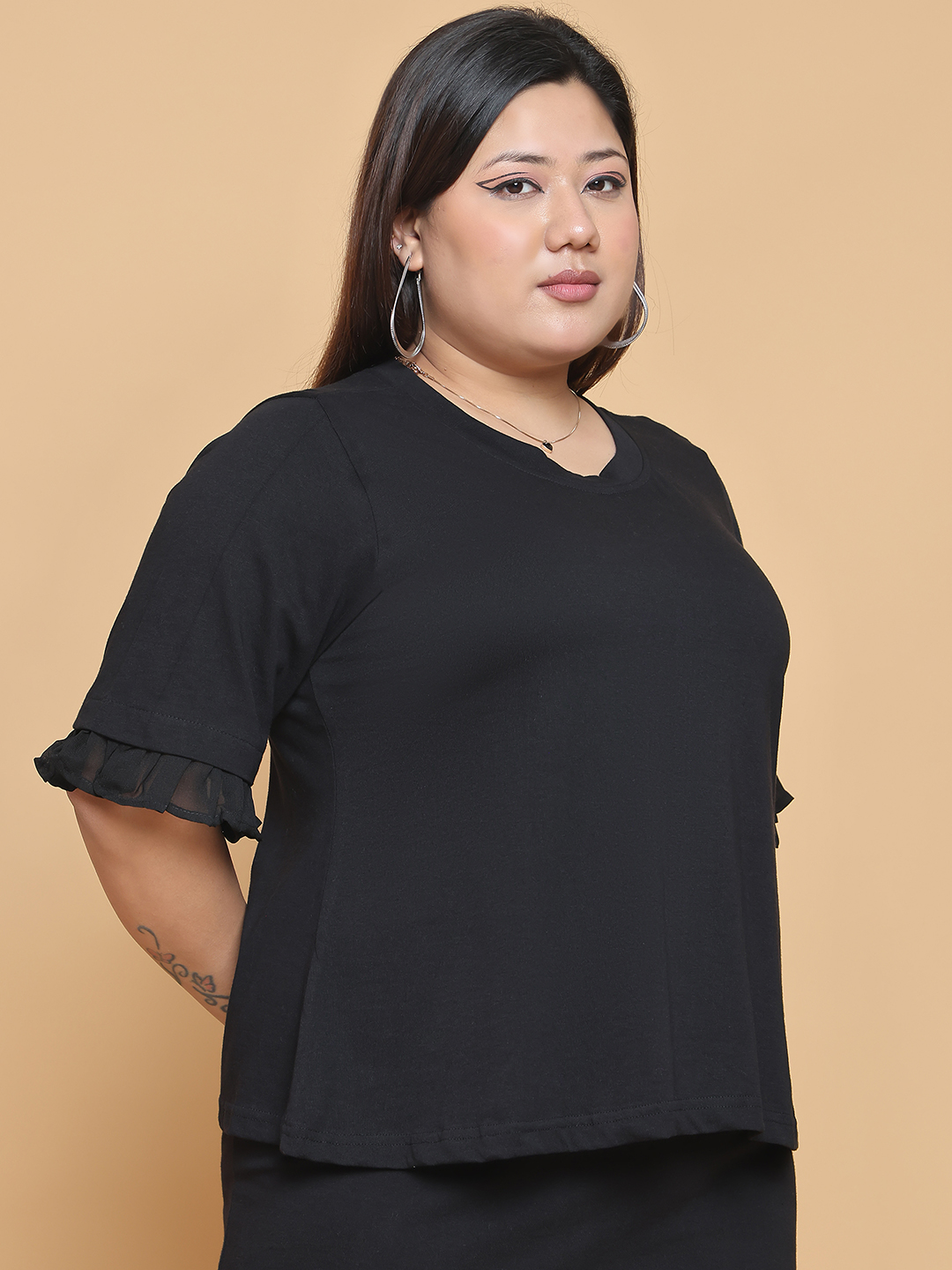 Women's Plus Size Black solid color cotton knitted Top with attached georgette frill at arm
