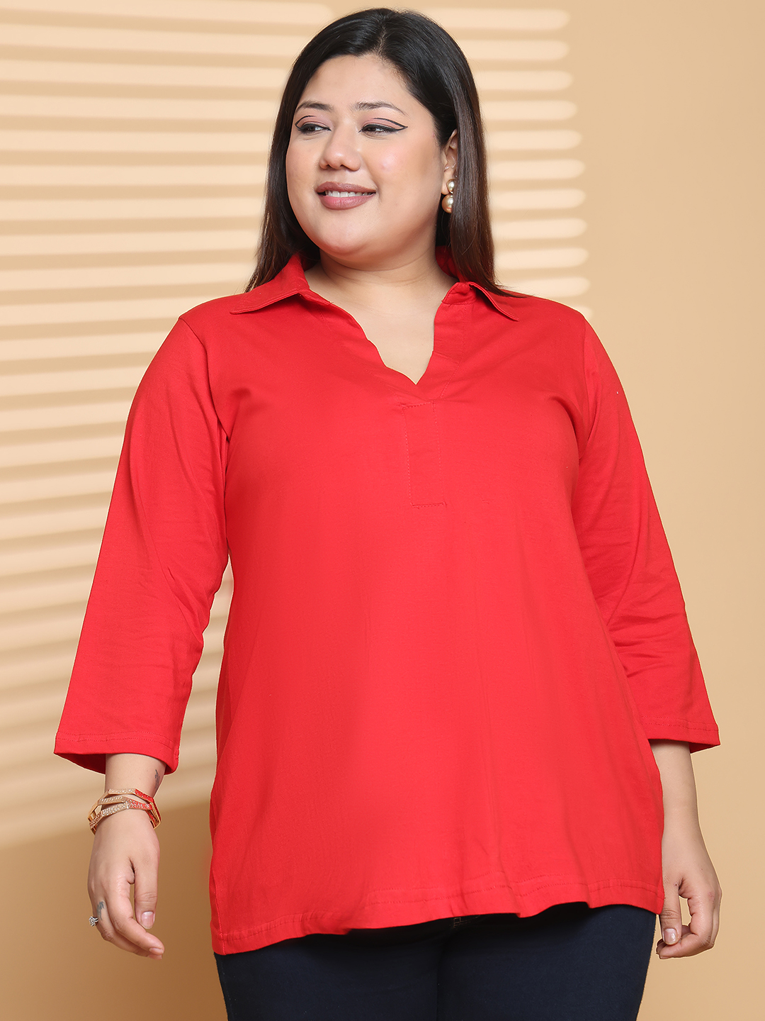 Women's Plus Size Red Solid Color Cotton knitted T-shirt