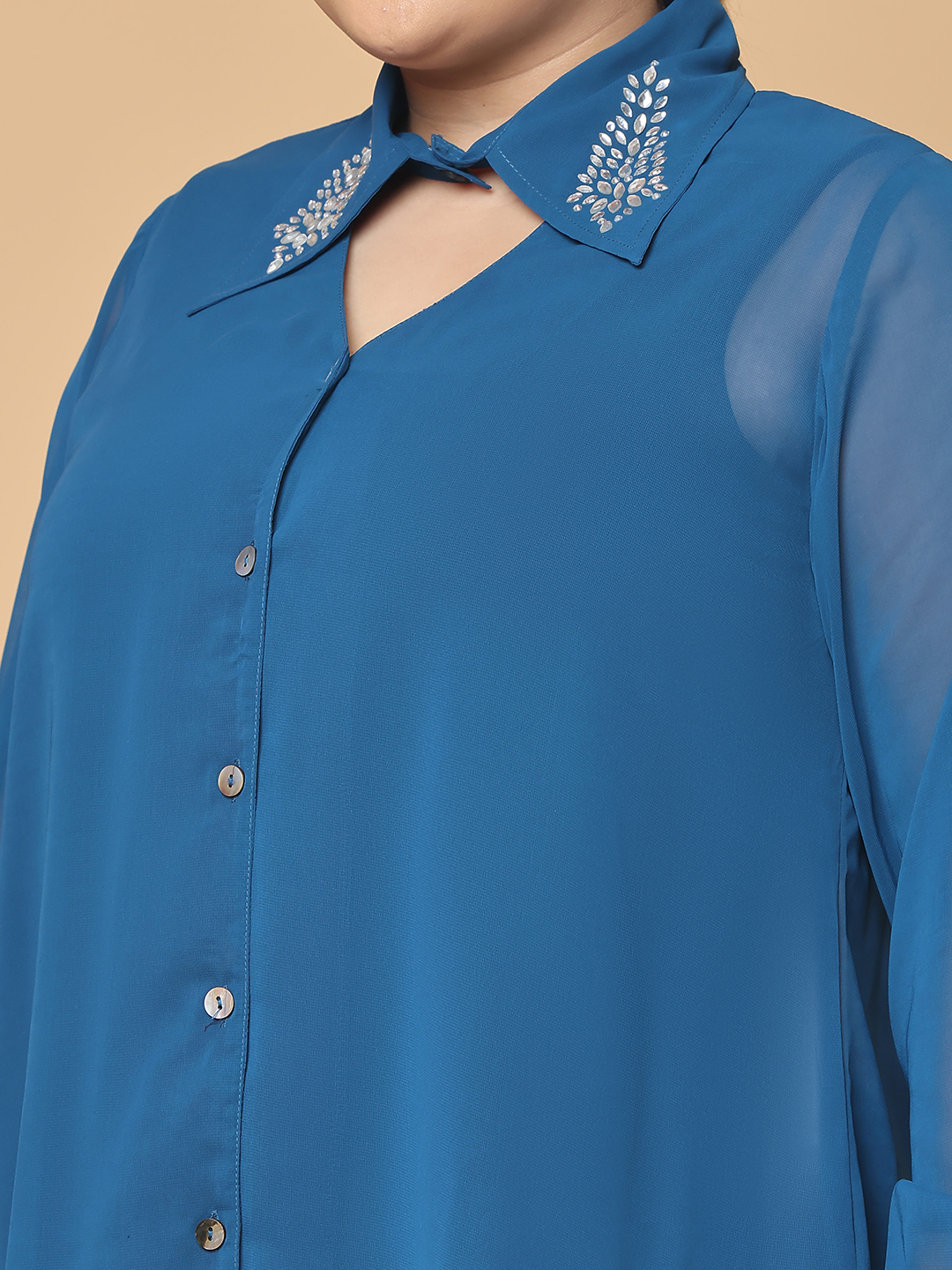 Women's Plus Size Teal Solid Color Georgette Shirt