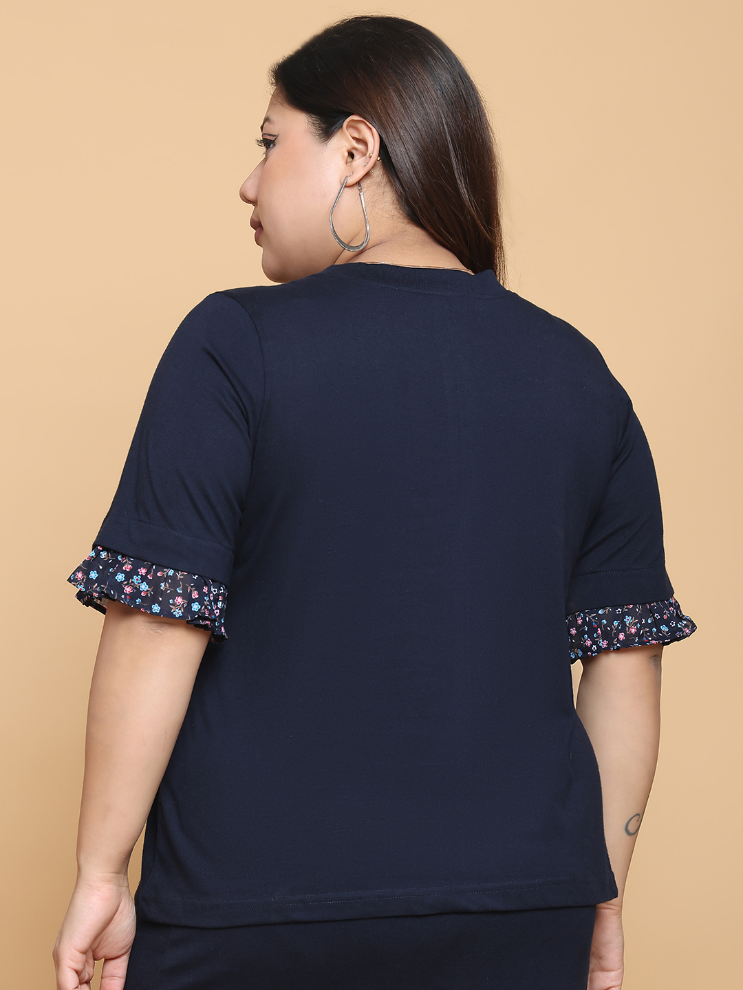 Women's Plus Size Navy Blue solid color cotton knitted Top with attached georgette frill at arm