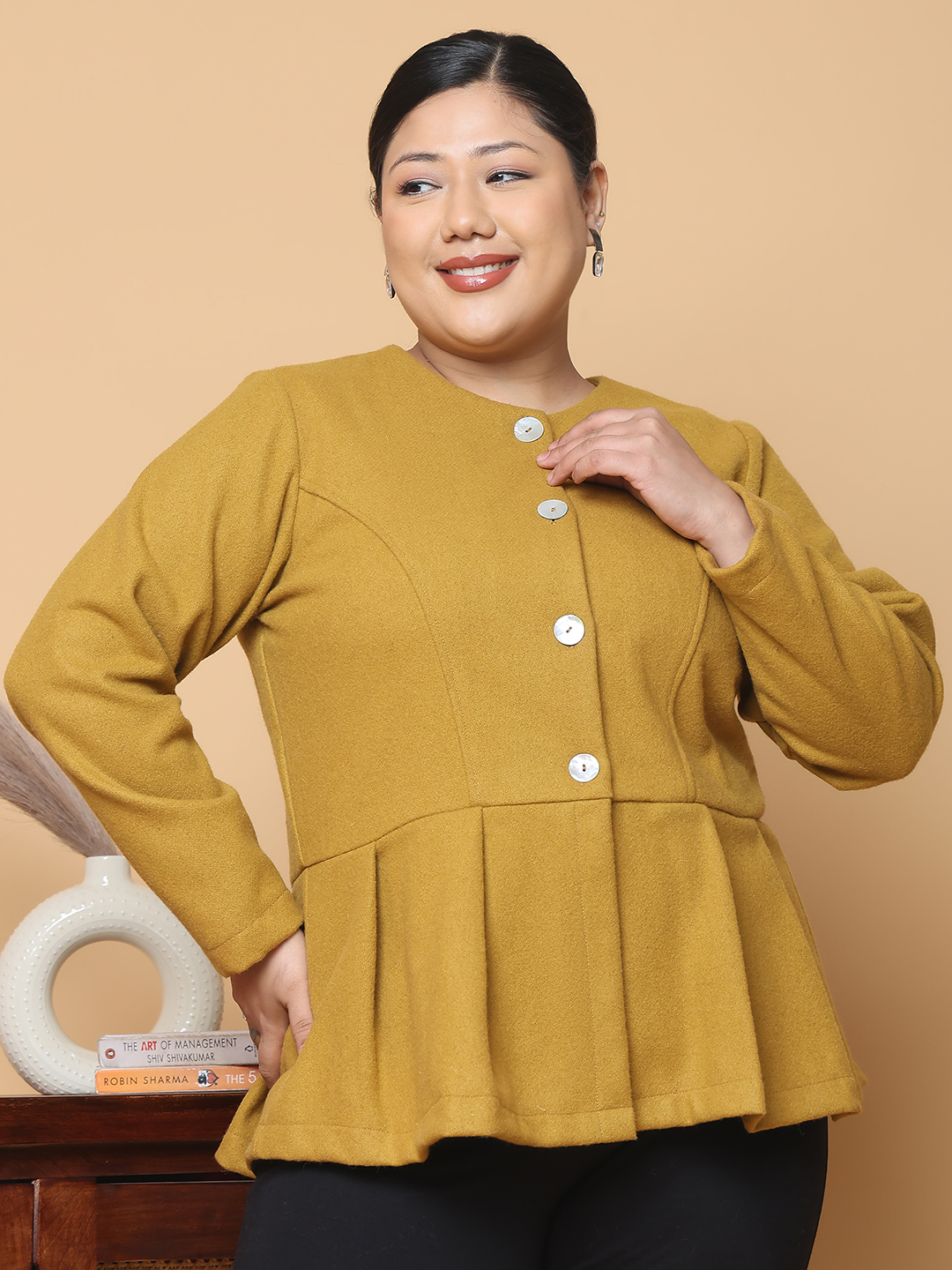 Women's Plus Size Mustard Solid Color Felt winter Peplum Jacket, has a round neck, front open button closures, long sleeves, pleated detail and straight hem.
