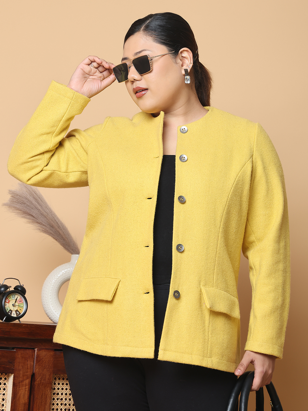 Women's Plus Size Mustard Solid Color Felt winter Jacket, has a round neck, front open button closures, long sleeves, two front flap pockets and straight hem.