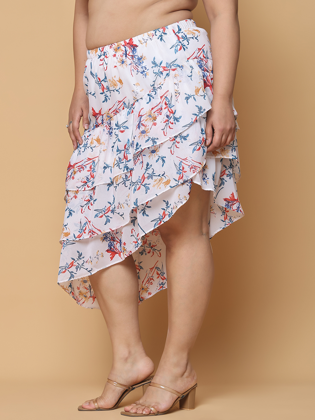 Women's Plus Size White Floral Printed A-Line Georgette Skirt with attached lining