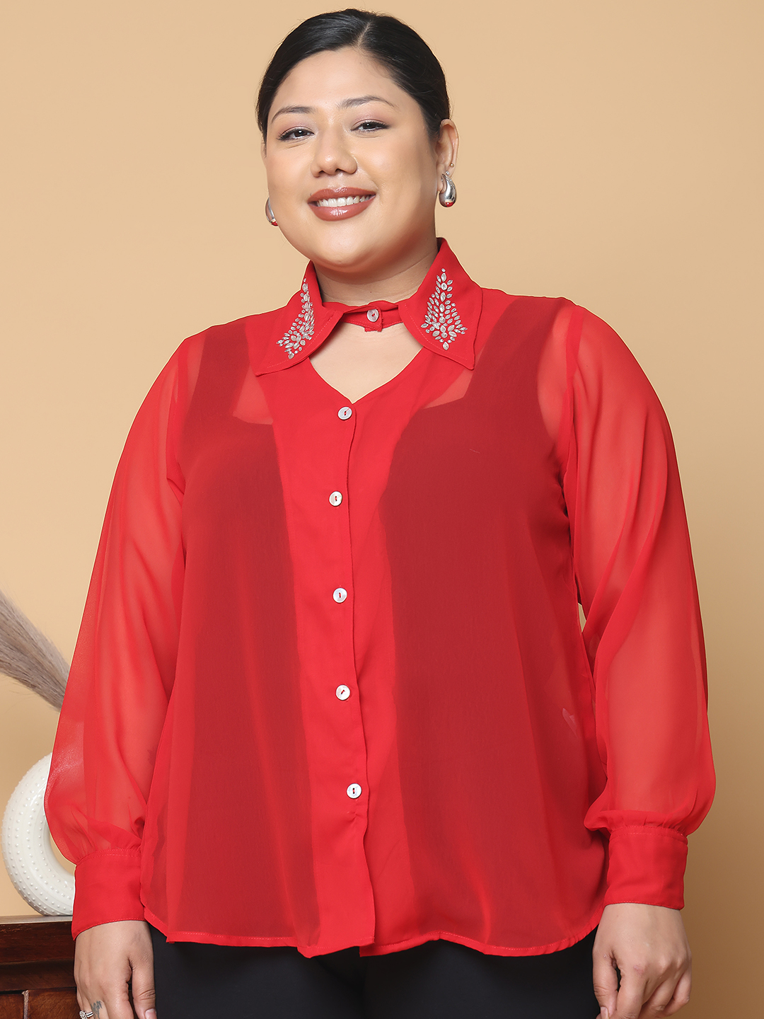 Women's Plus Size Red Solid Color Georgette Shirt