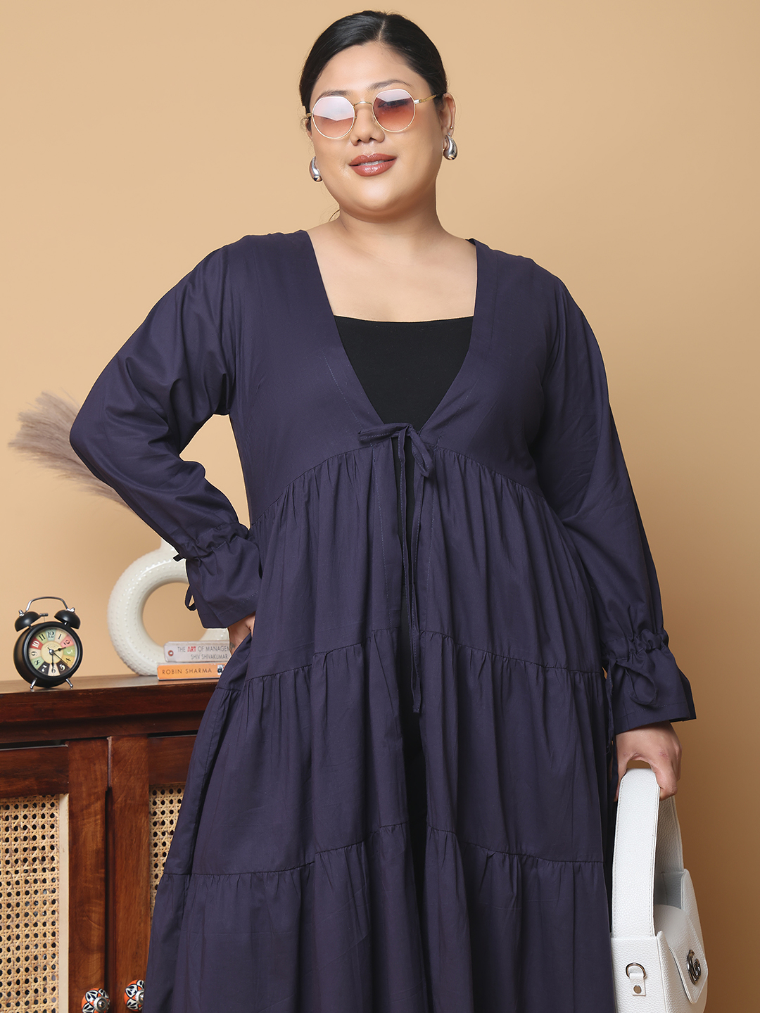 Women's Plus Size Navy Blue Solid Color Longline Cotton Shrug