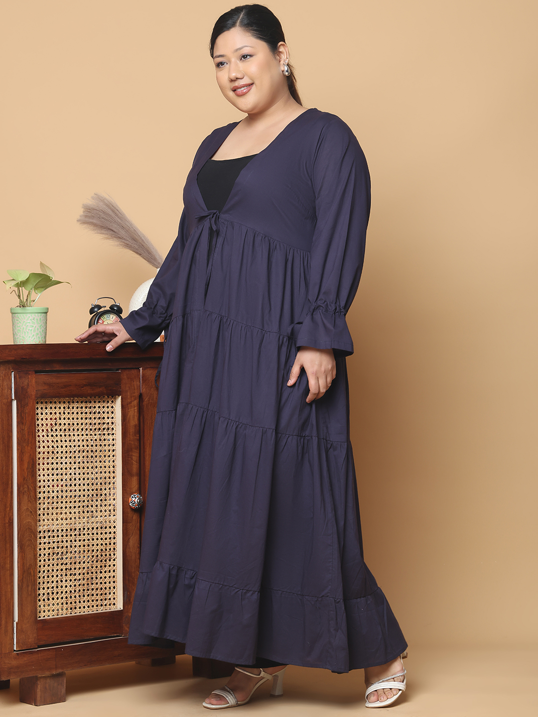 Women's Plus Size Navy Blue Solid Color Longline Cotton Shrug