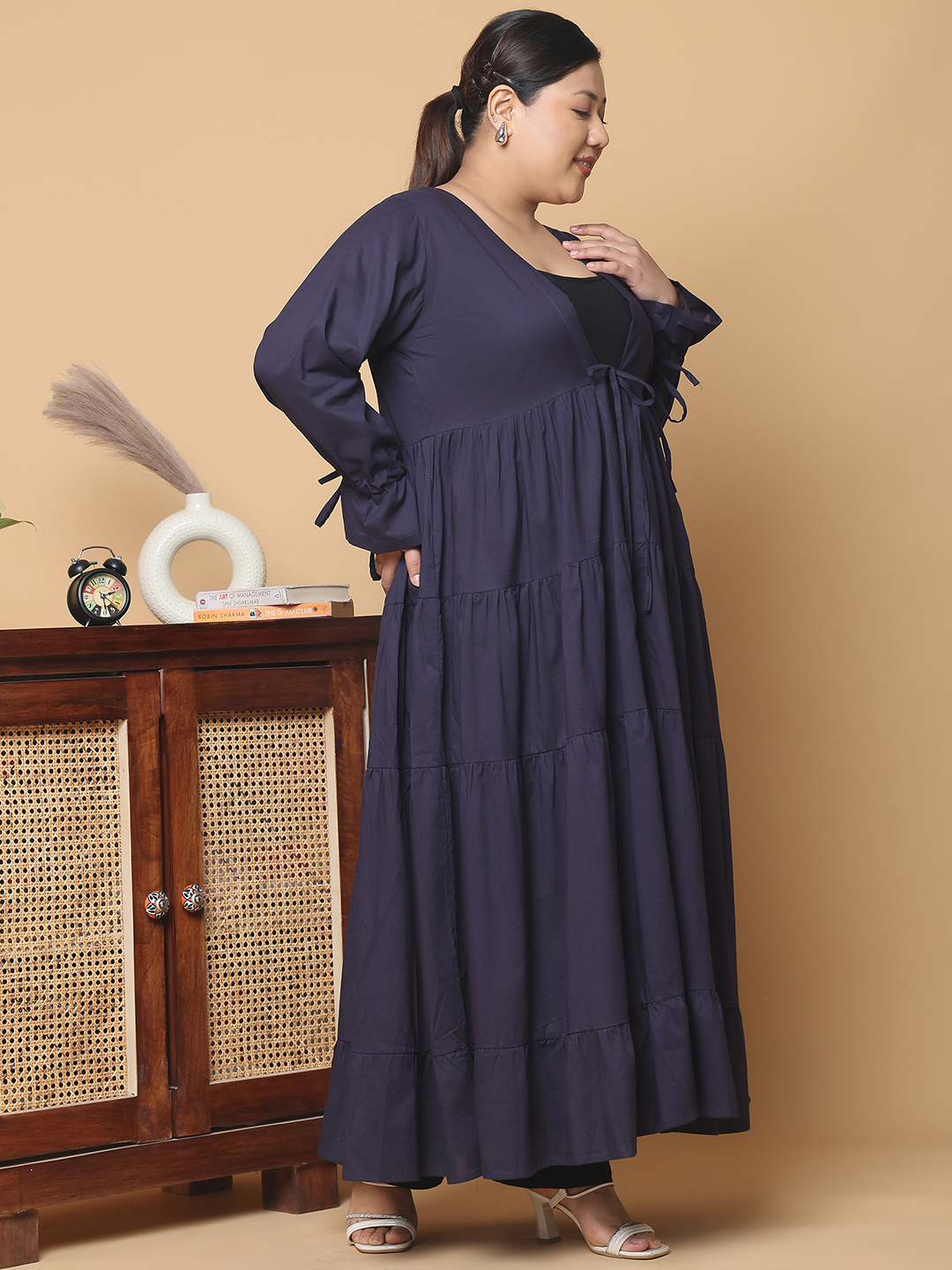 Women's Plus Size Navy Blue Solid Color Longline Cotton Shrug