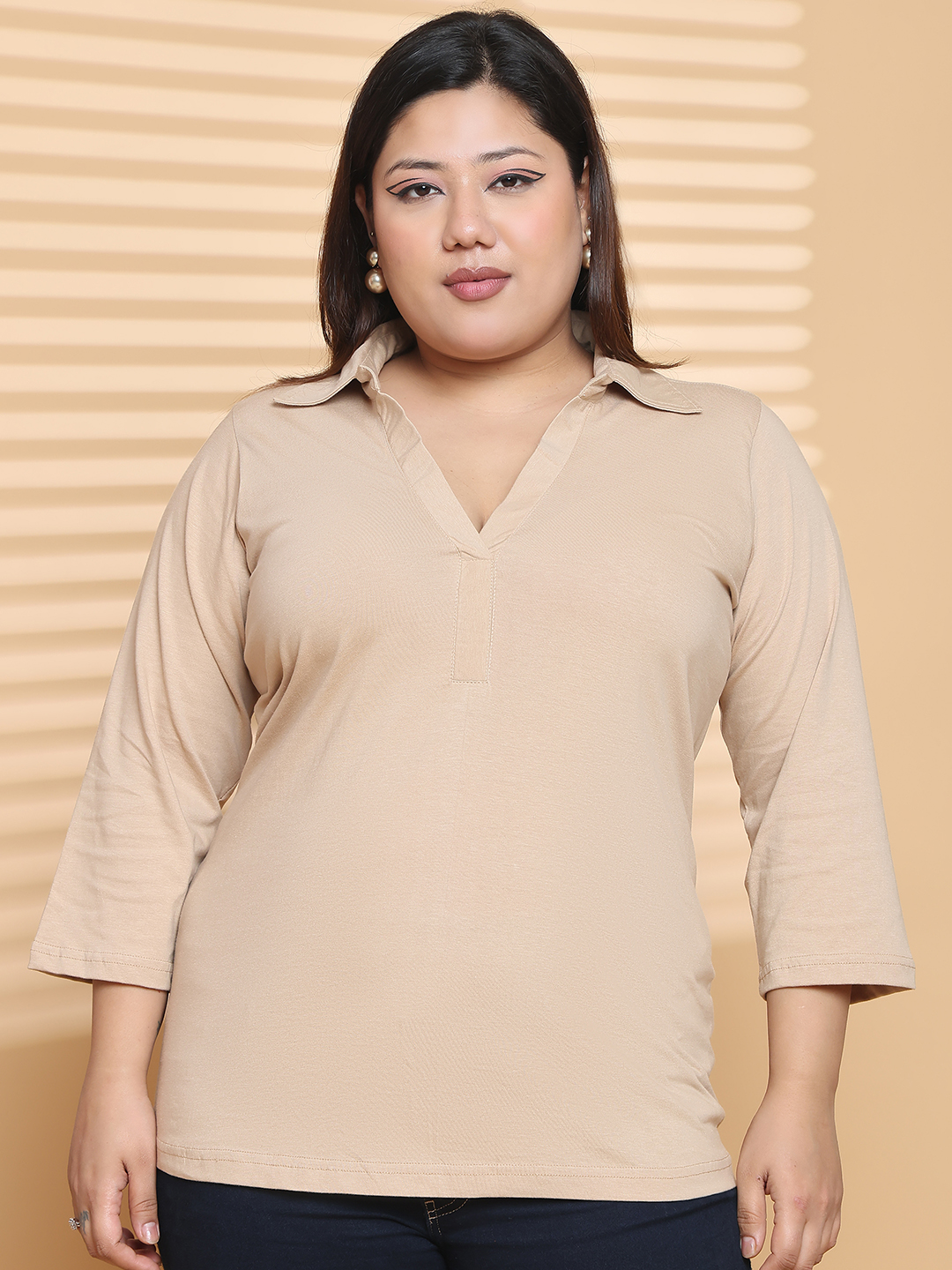 Women's Plus Size Beige Solid Color Cotton knitted T-shirt