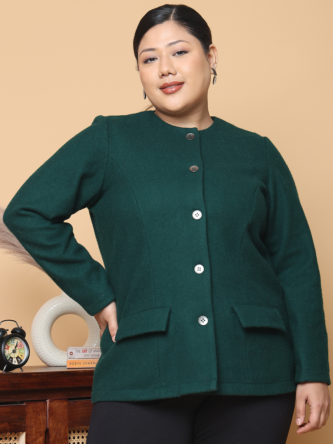 Women's Plus Size Bright Green Solid Color Felt winter Jacket, has a round neck, front open button closures, long sleeves, two front flap pockets and straight hem.
