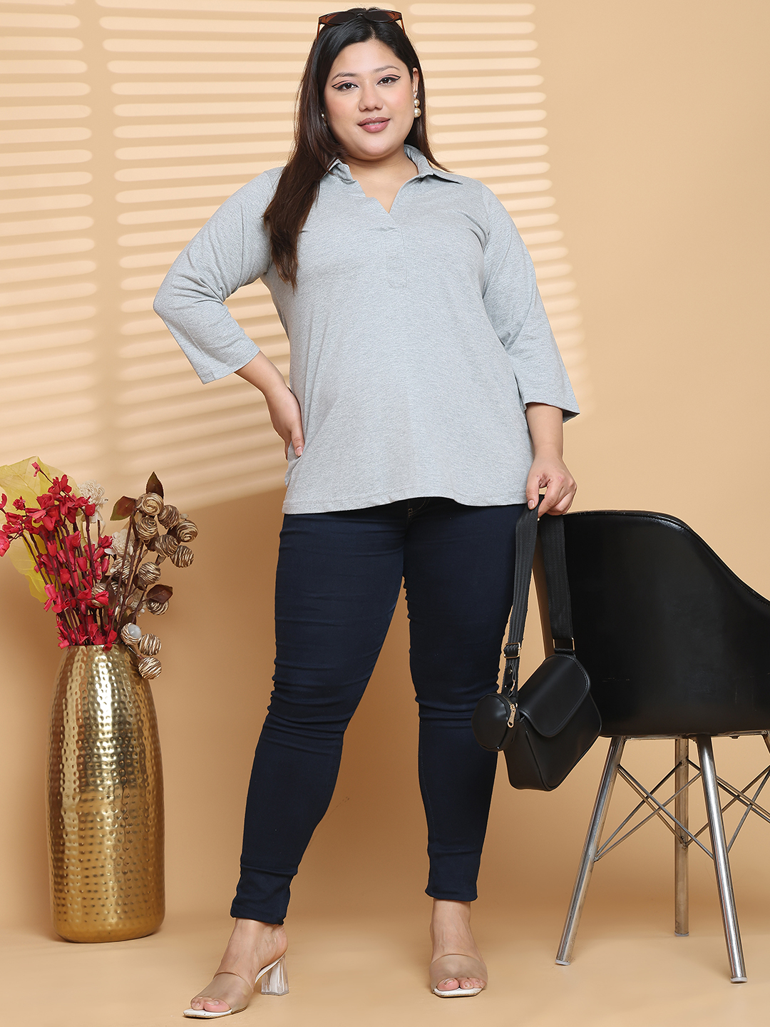 Women's Plus Size Light Grey Solid Color Cotton knitted T-shirt