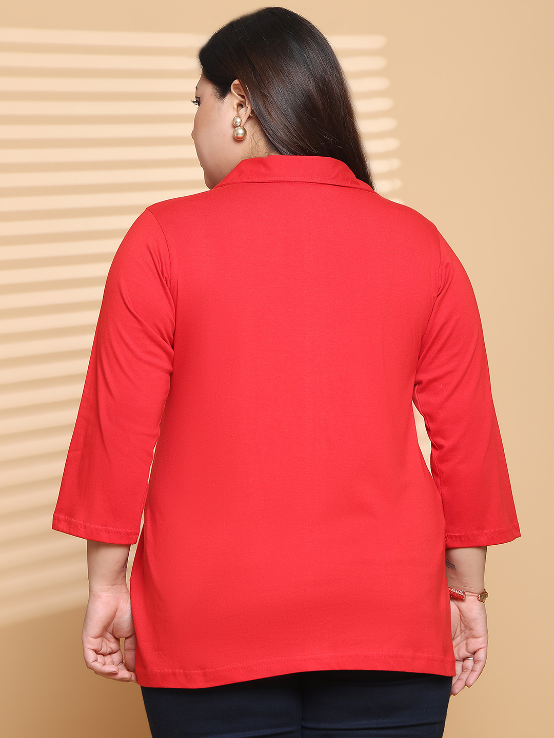 Women's Plus Size Red Solid Color Cotton knitted T-shirt