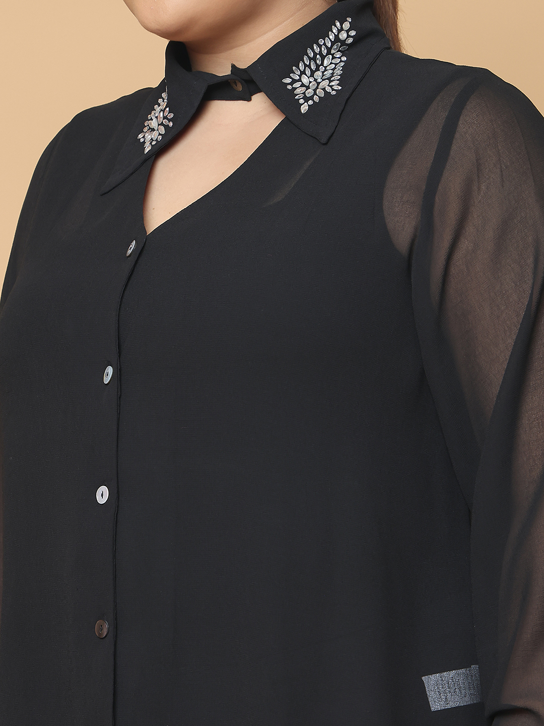 Women's Plus Size Black Solid Color Georgette Shirt