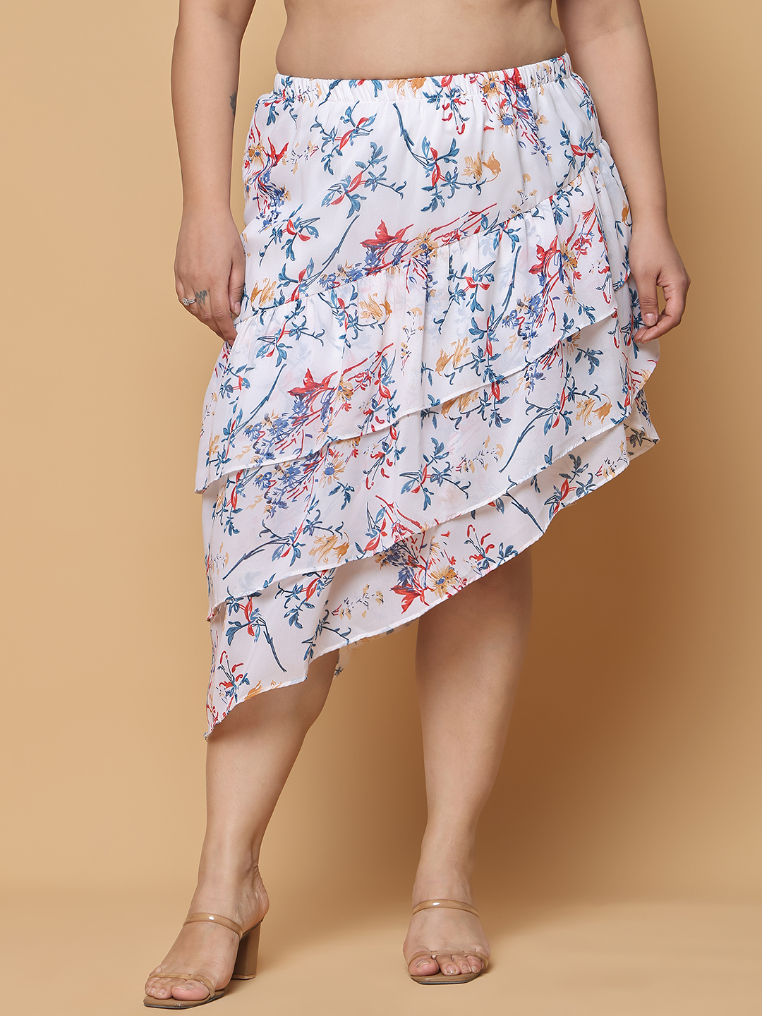 Women's Plus Size White Floral Printed A-Line Georgette Skirt with attached lining