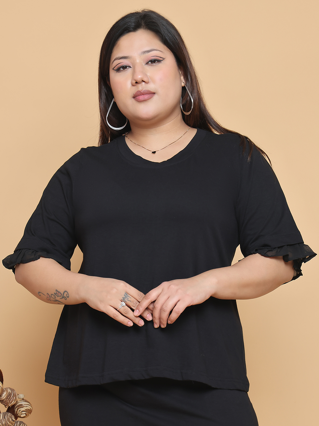 Women's Plus Size Black solid color cotton knitted Top with attached georgette frill at arm