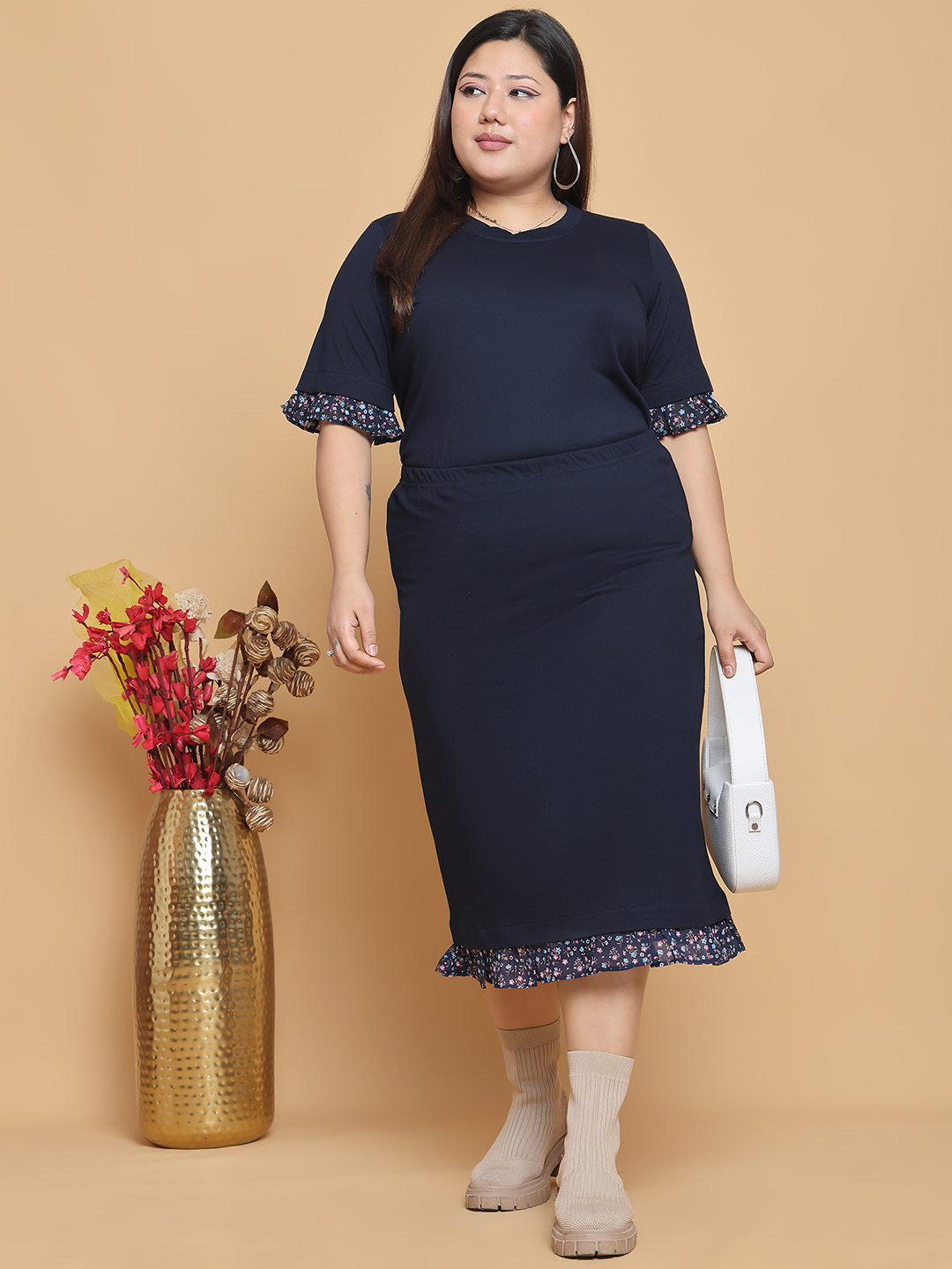 Women's Plus Size Navy Blue solid color cotton knitted Skirt with attached georgette frill at bottom hem